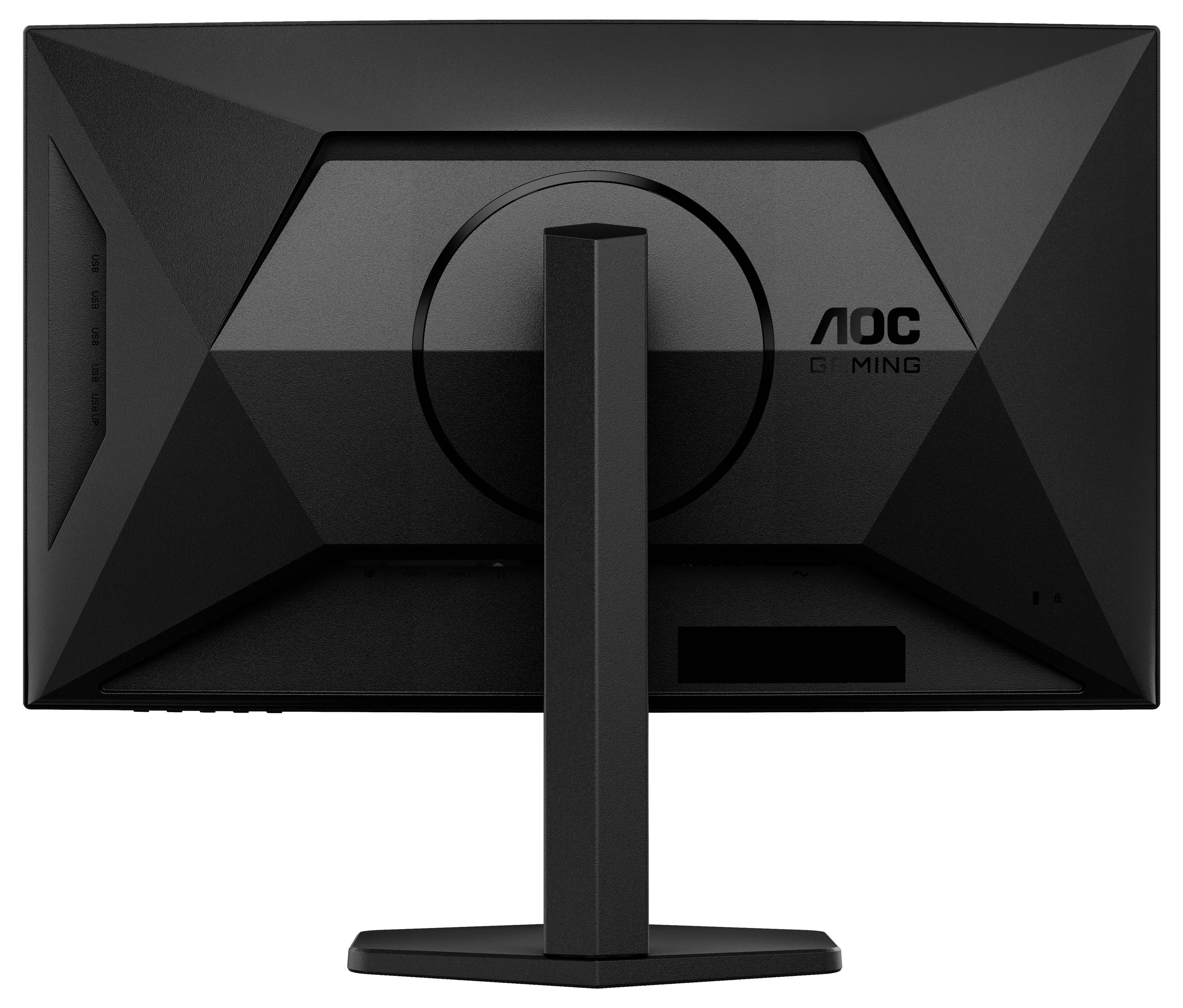Vista posteriore di un monitor da gaming nero con design geometrico e base, logo del marchio visibile.