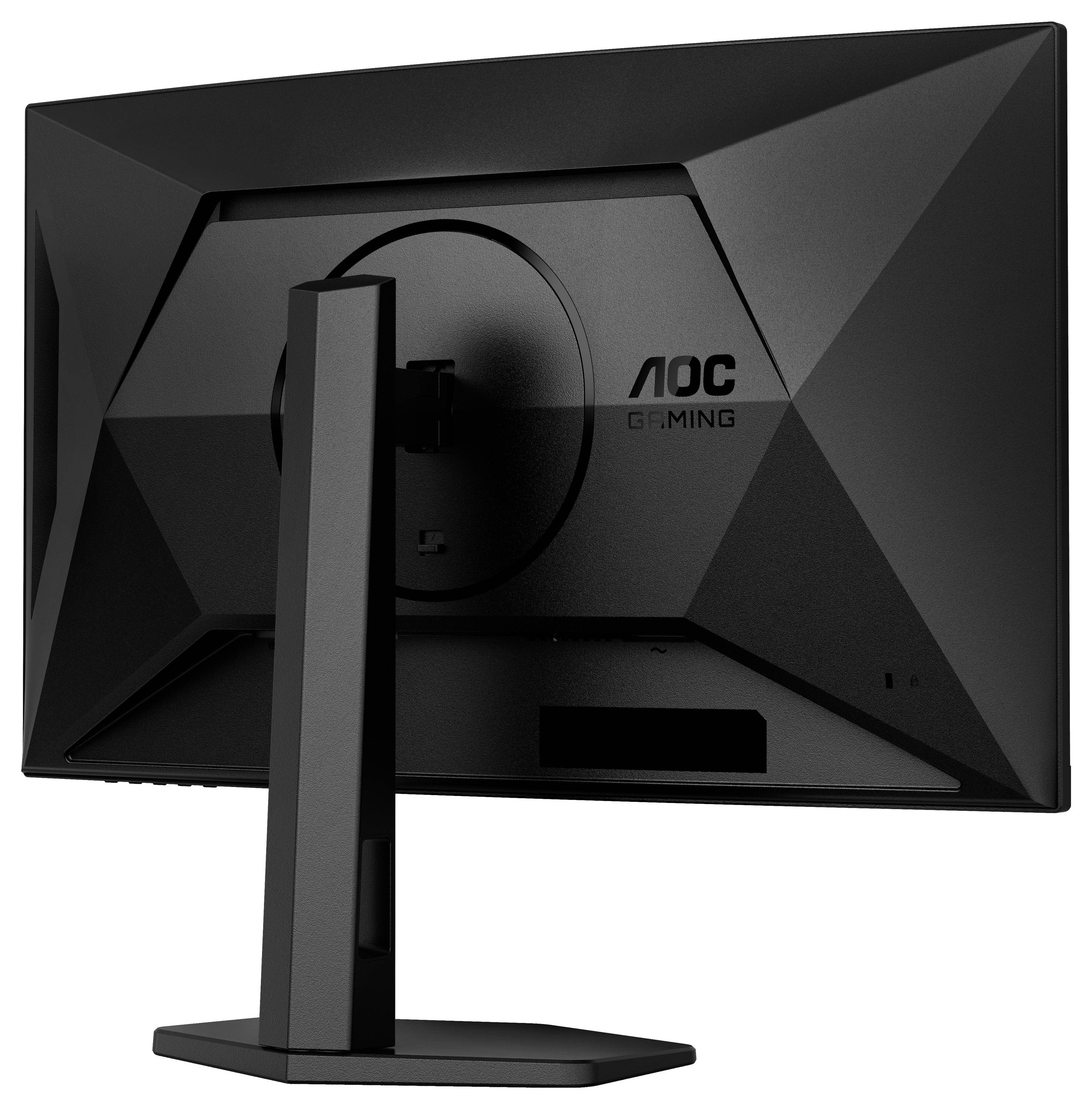 Un monitor da gaming nero visto da dietro, con un supporto stabile e un design geometrico sulla parte posteriore.
