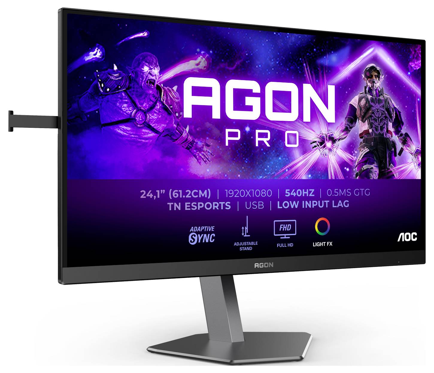 Monitor AGON PRO che mostra un gioco di combattimento futuristico tra due personaggi. 24,1 pollici, 1920x1080, 540Hz, 0,5ms GTG.