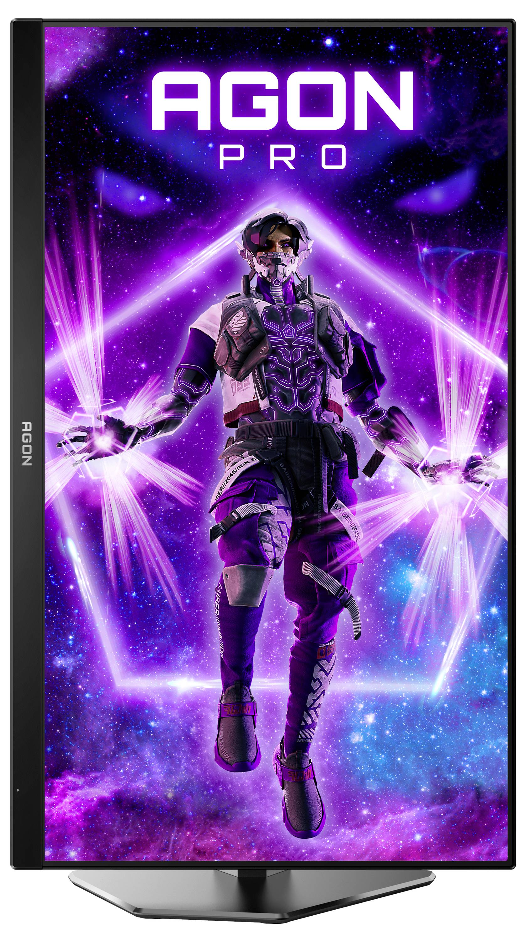 Un personaggio futuristico in abito viola e casco galleggia davanti a uno sfondo illuminato al neon con 'AGON PRO' visibile in alto.