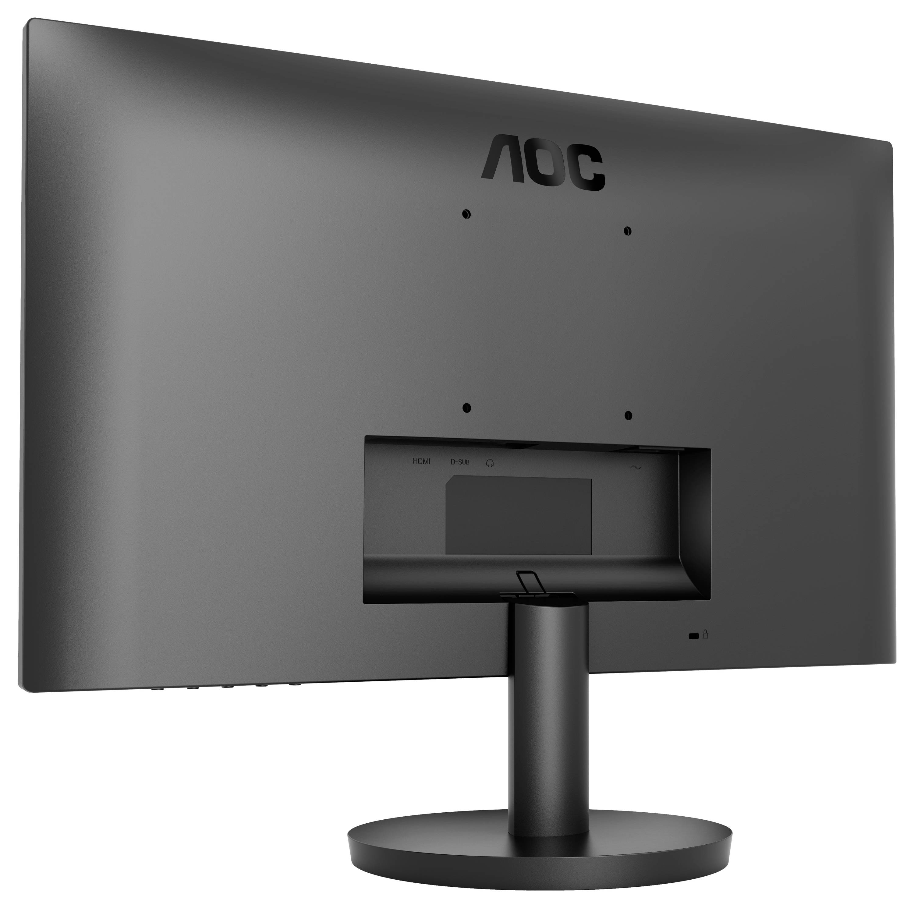 Un monitor nero visto da dietro con il logo del marchio 'AOC' in alto. Il piedistallo rotondo sorregge il monitor.