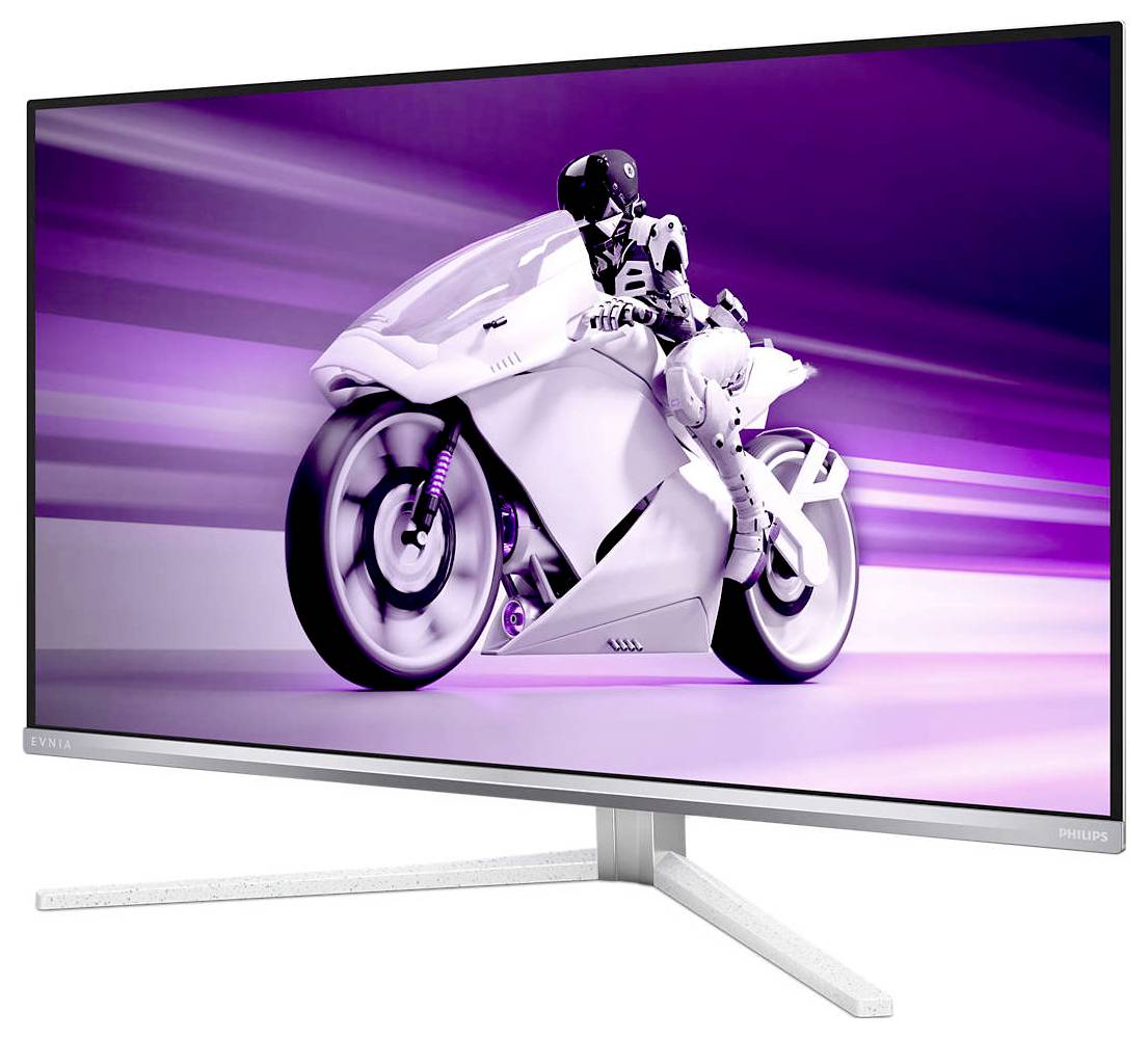 Un motociclo bianco futuristico con pilota in tuta high-tech su un monitor che mostra un movimento dinamico.