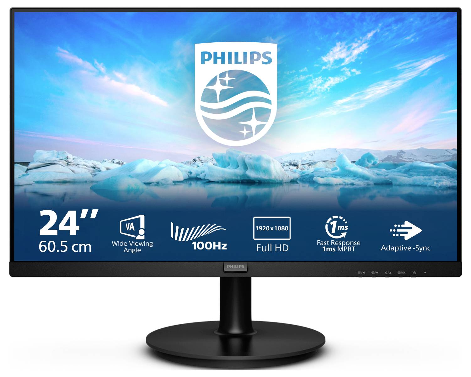 Un monitor Philips da 24 pollici con diagonale dello schermo, risoluzione Full HD, frequenza di aggiornamento di 100 Hz e tempo di risposta di 1 ms.