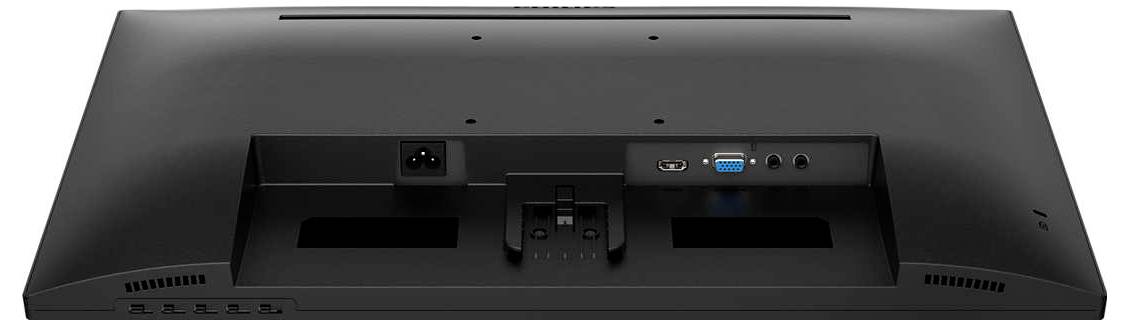 Retro di un monitor per computer con porte: porta di alimentazione, HDMI, VGA e audio.