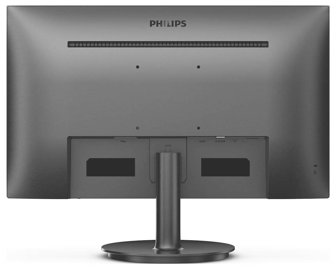 Un monitor grigio scuro visto da dietro, con il logo del marchio e un piedistallo rotondo e stabile.