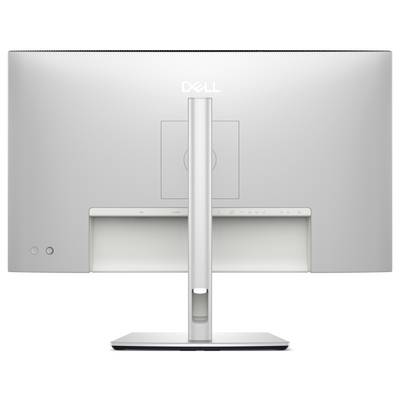 Vista posteriore di un monitor Dell su un supporto. Il monitor ha un design sottile e moderno con finitura color argento.
