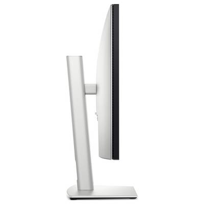 Vista laterale di un monitor a schermo piatto con design sottile, base in argento e cornice stretta.