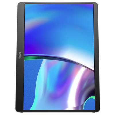 Tablet con display ad alta risoluzione che mostra un grafico astratto e colorato in tonalità di blu e verde. Logo del marchio sul lato sinistro.