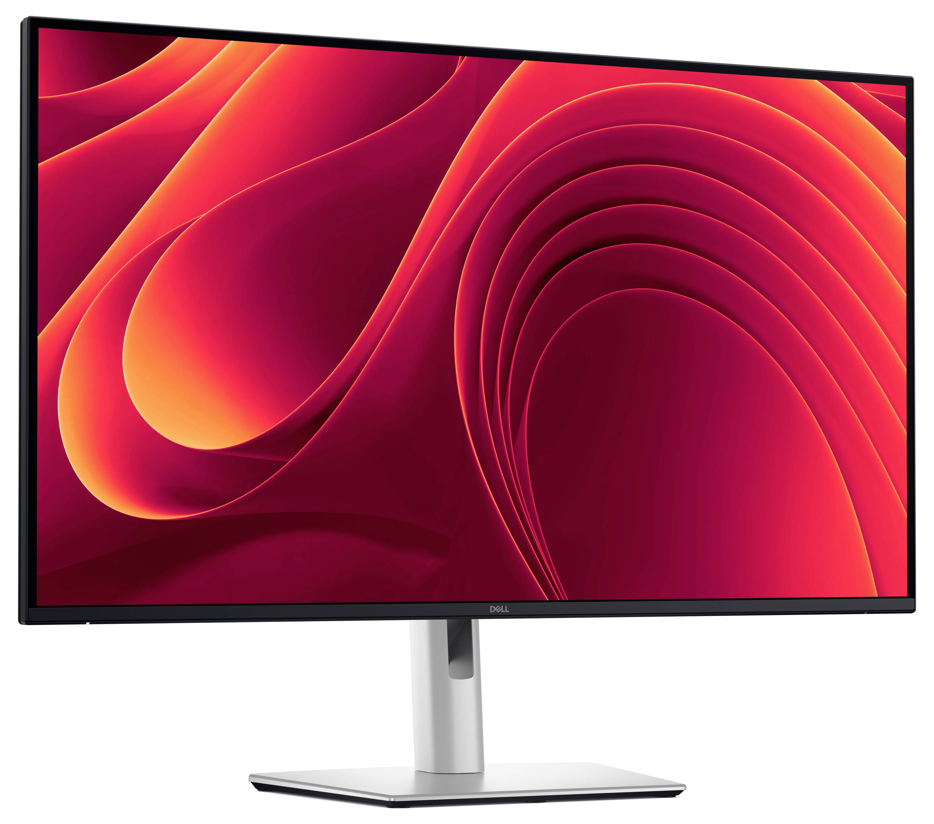 Un grande monitor con un'immagine di sfondo curva, astratta in rosso e arancione.