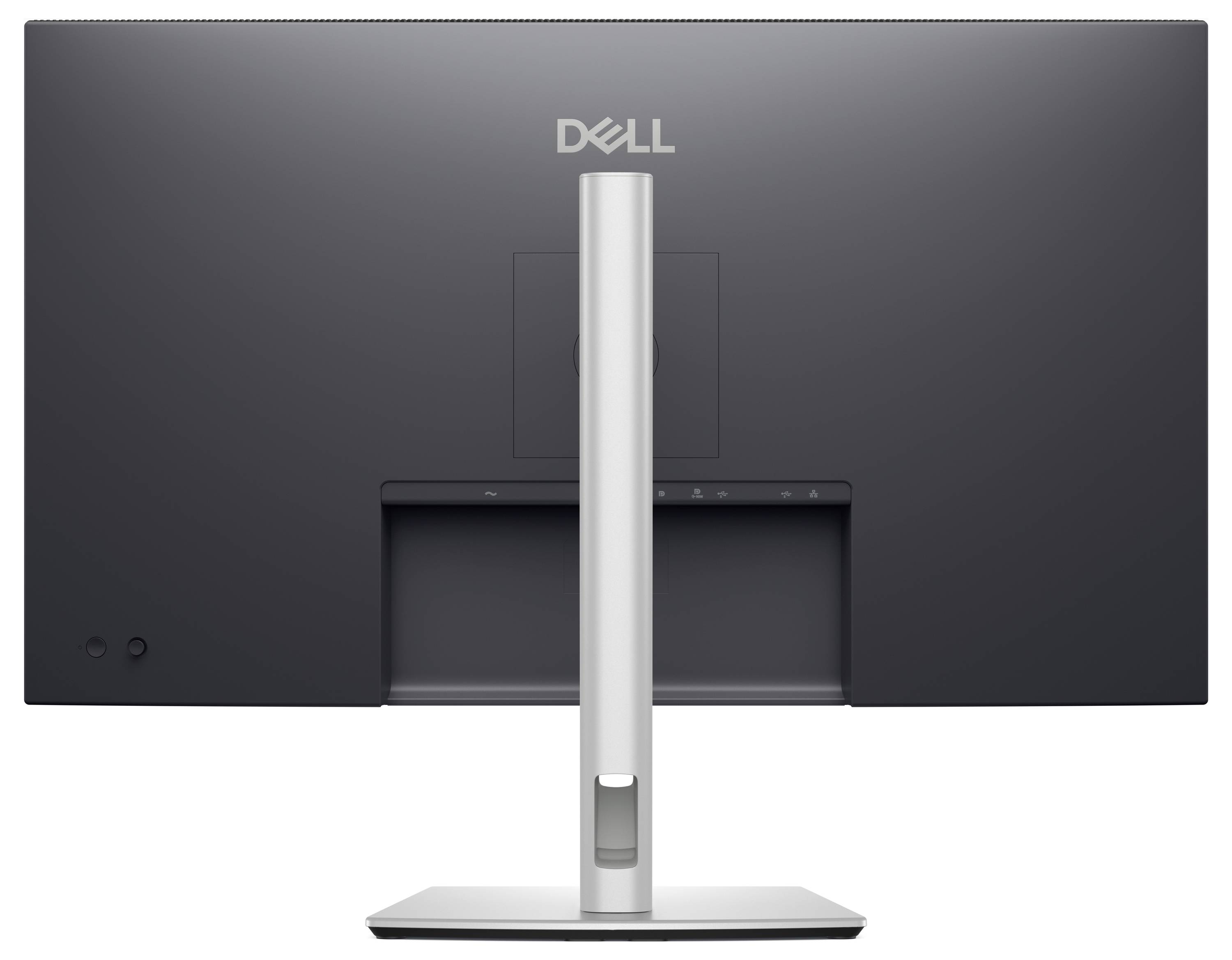 Retro di un monitor Dell con base di supporto color argento.