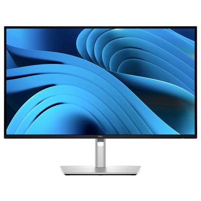 Un monitor con un motivo ondulato blu sullo schermo. Cornice nera, base di supporto argentata. Ideale per ambienti da ufficio.