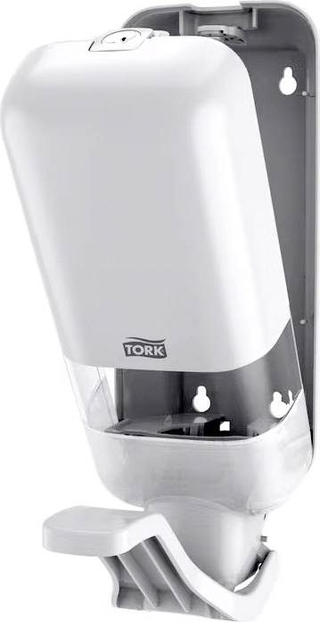 Un dispenser di sapone Tork bianco montato su una parete. Ha una forma stretta e rettangolare con una leva in basso per la pressione.