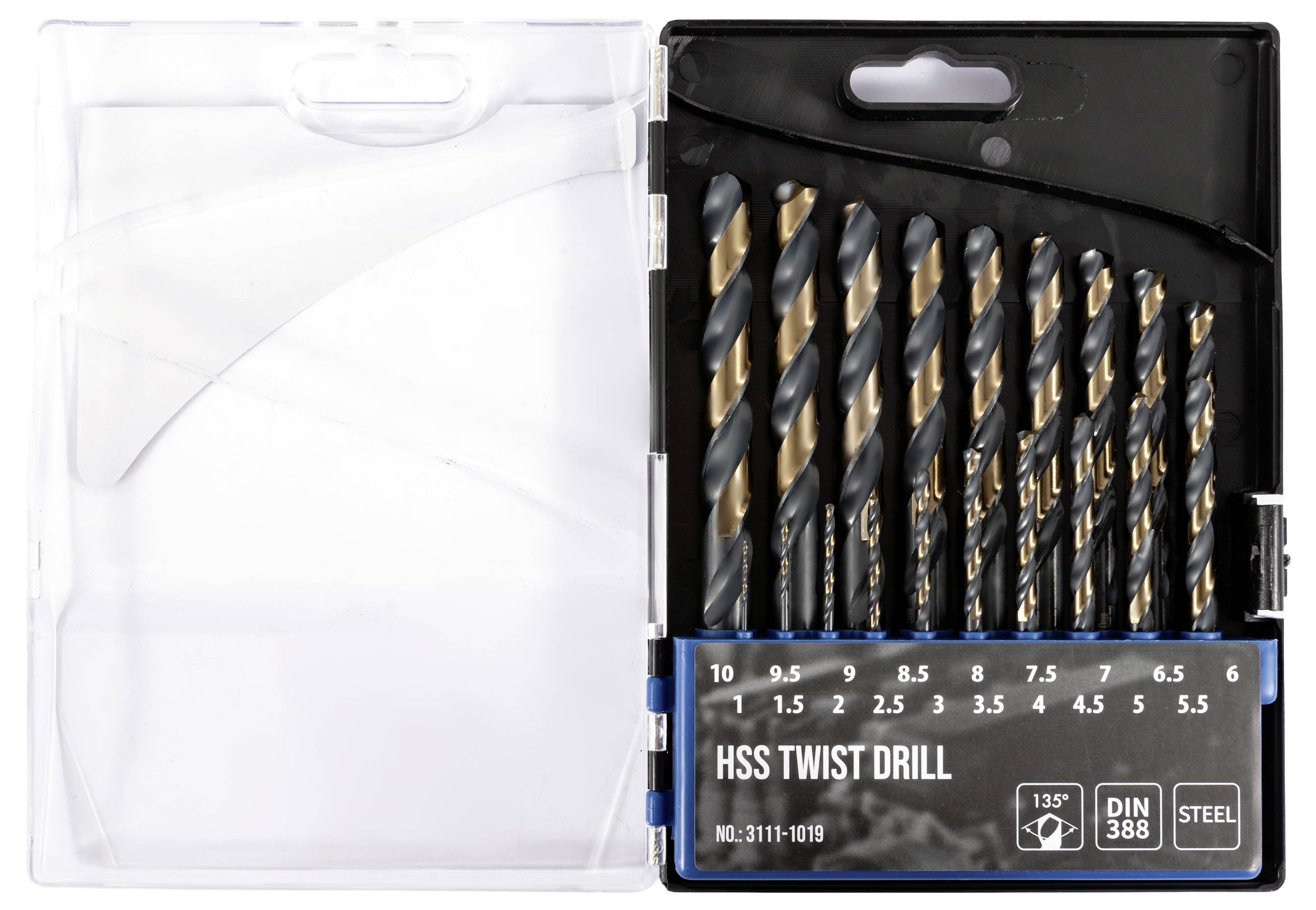 Un set di undici punte da trapano in HSS (acciaio rapido) in un astuccio di plastica, etichettate con misure che vanno da 1,5 a 10 mm, per forare l'acciaio.