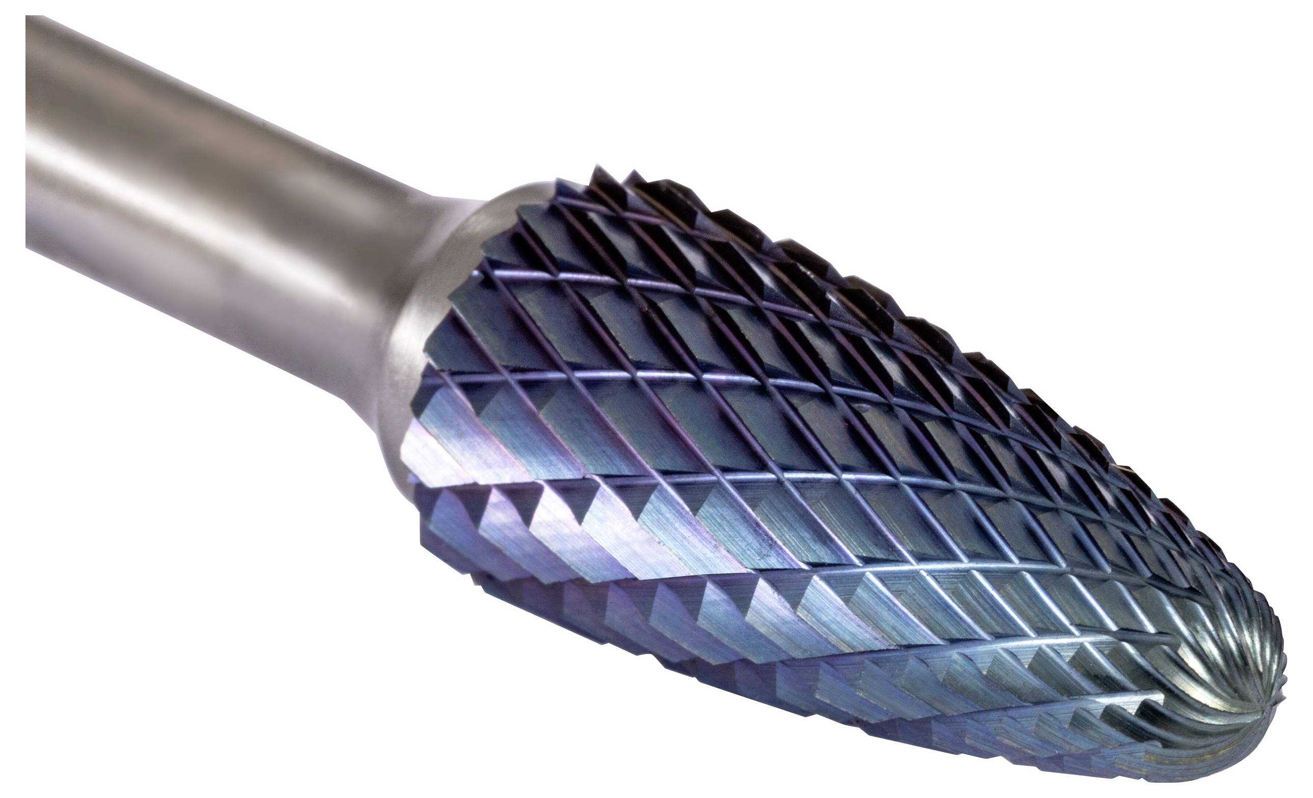 Una fresa rotativa in carburo con forma conica e pattern di taglio incrociato sulla sua superficie, utilizzata per rettifica di precisione e rimozione di materiale.