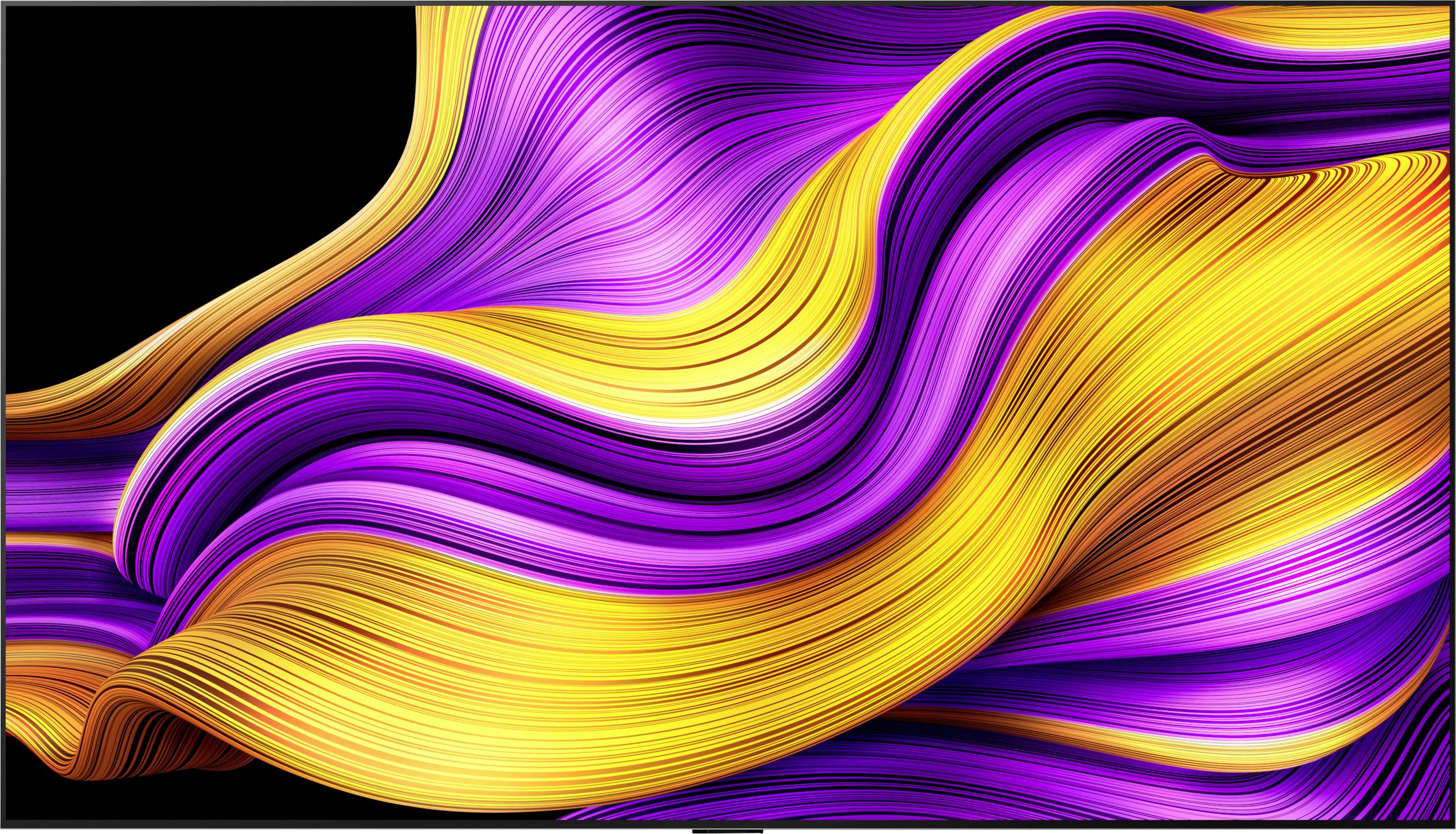 Immagine astratta di linee fluenti viola e gialle su uno sfondo nero, che creano un pattern ondulante dinamico.