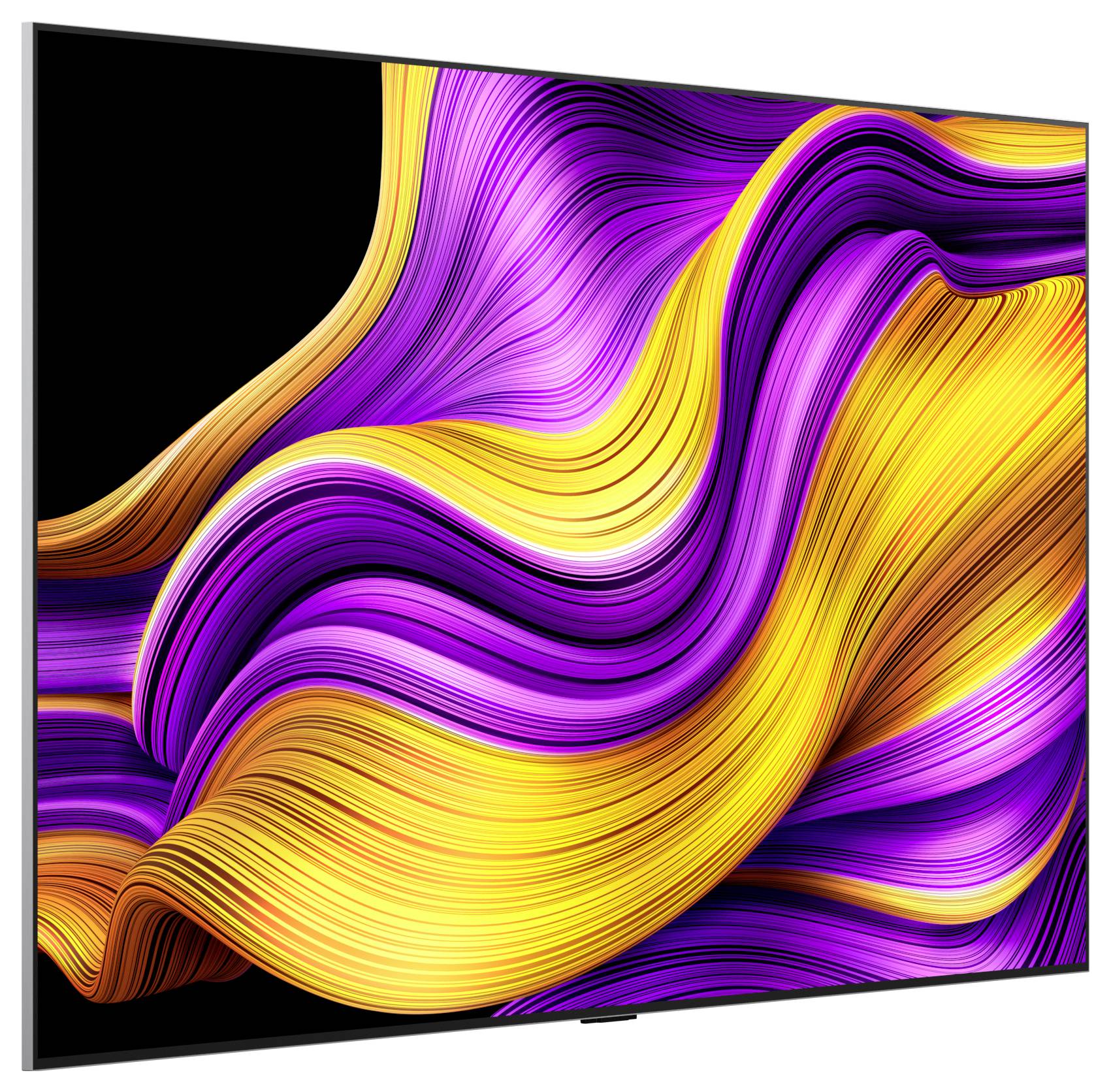 Un televisore moderno con schermo piatto che mostra linee astratte vibranti in viola e giallo su uno sfondo nero, esaltando le capacità cromatiche dello schermo.