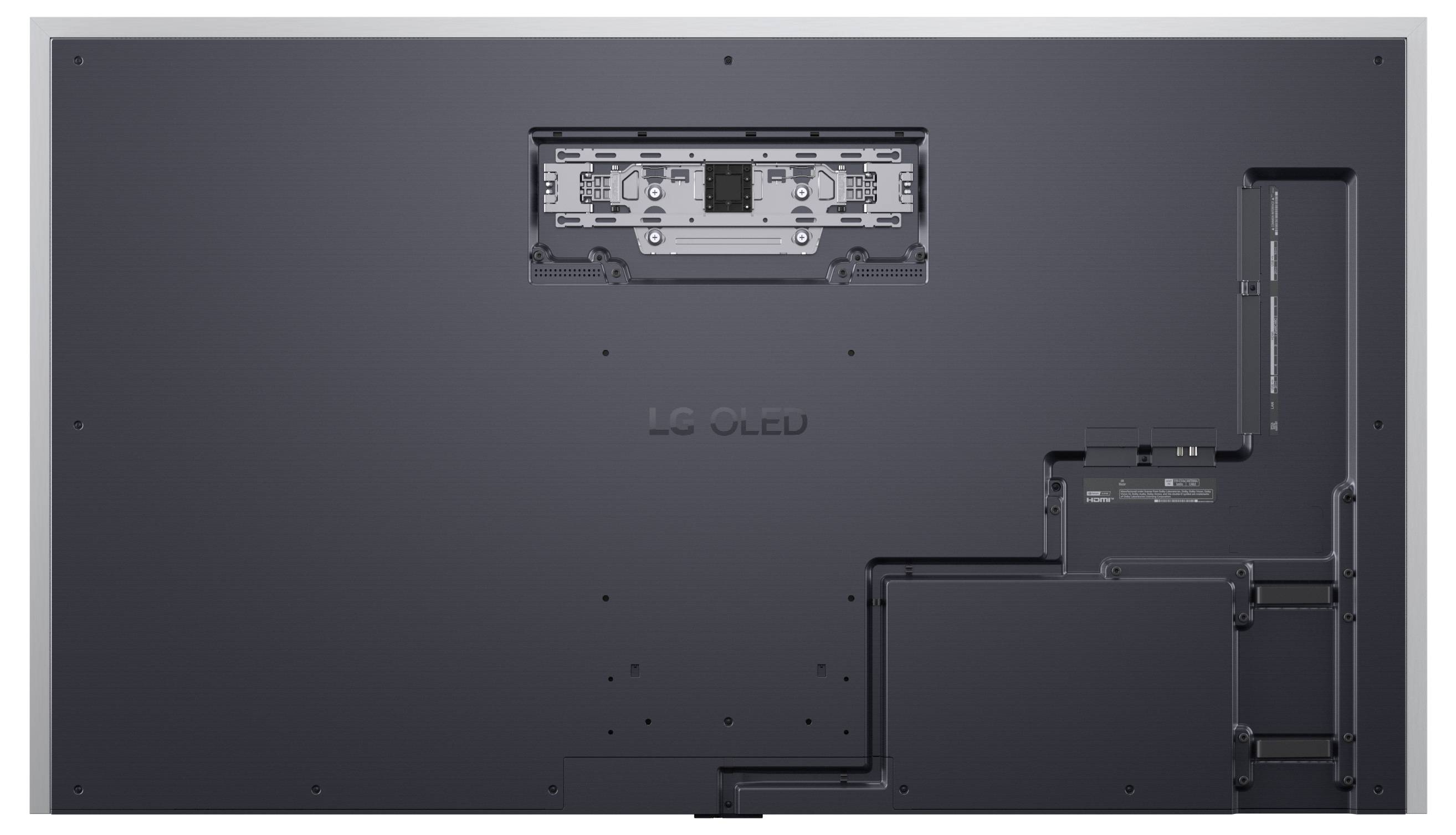 Vista posteriore di un televisore LG OLED che mostra il supporto di montaggio e i canali per la gestione dei cavi, evidenziando il suo design elegante.
