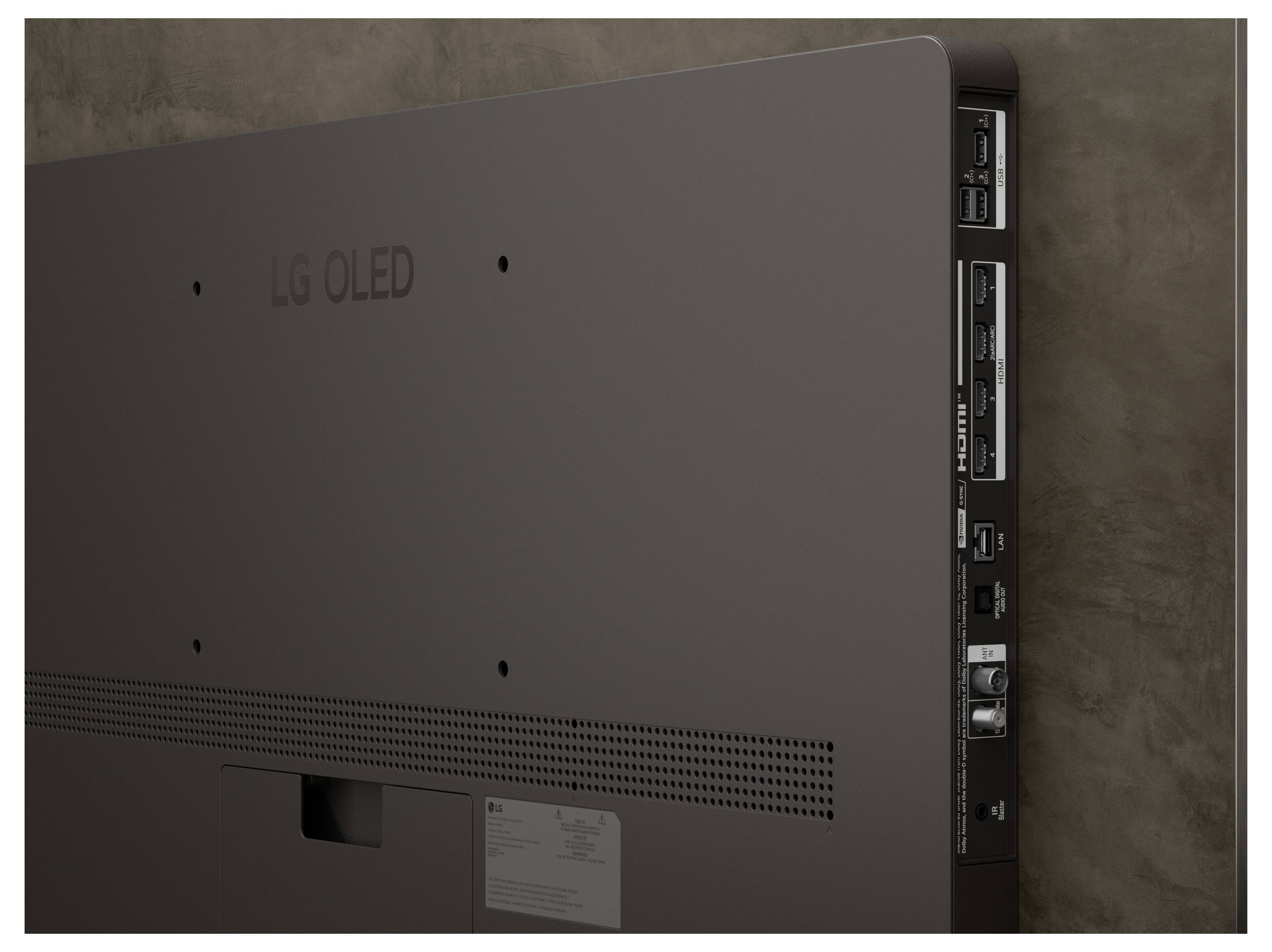 Vista posteriore di una TV OLED LG sottile, montata a parete, che mostra varie porte HDMI e USB sul pannello laterale.