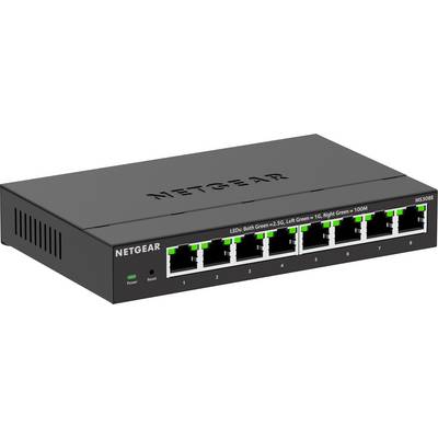 Switch di rete Netgear con 8 porte Ethernet, ciascuna dotata di indicatori LED per la velocità di connessione e l'attività.