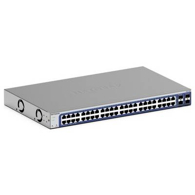 Un switch di rete argento con 48 porte Ethernet sul lato frontale, idoneo per la gestione e la distribuzione di connessioni di rete.