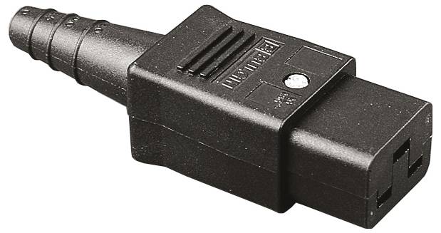 Un connettore nero con impugnatura zigrinata e attacco rettangolare, comunemente utilizzato per dispositivi elettrici.