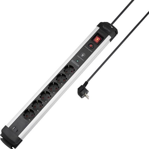 Sygonix SY-6805674 Multipresa con protezione da sovratensioni 6 scomparti Nero, Silver; Schuko 1 pz.