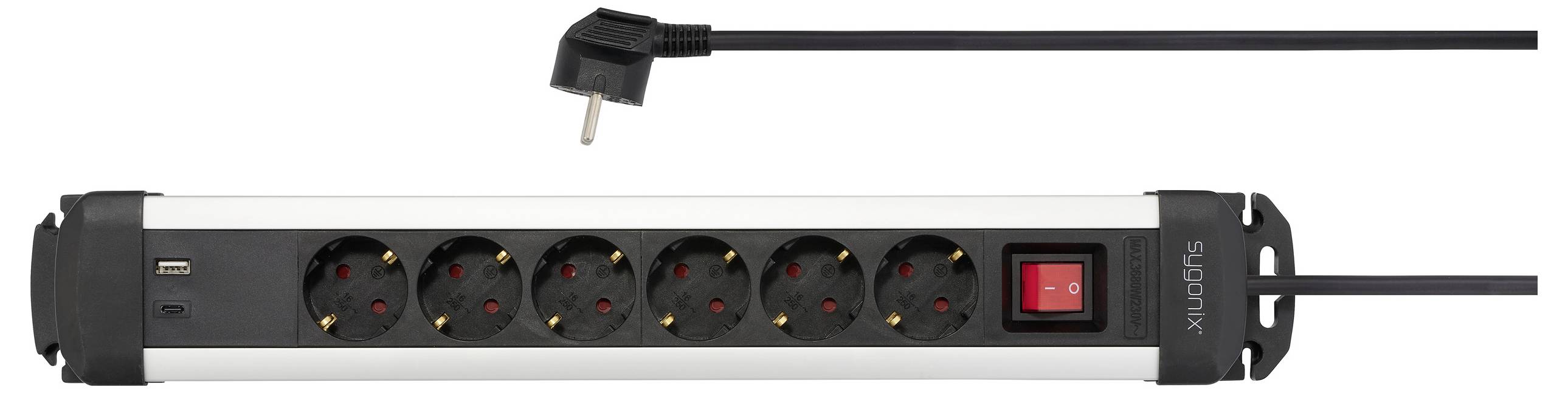 Sygonix SY-6807130 Multipresa con interruttore 6 scomparti Nero, Argento Schuko 1 pz.-1