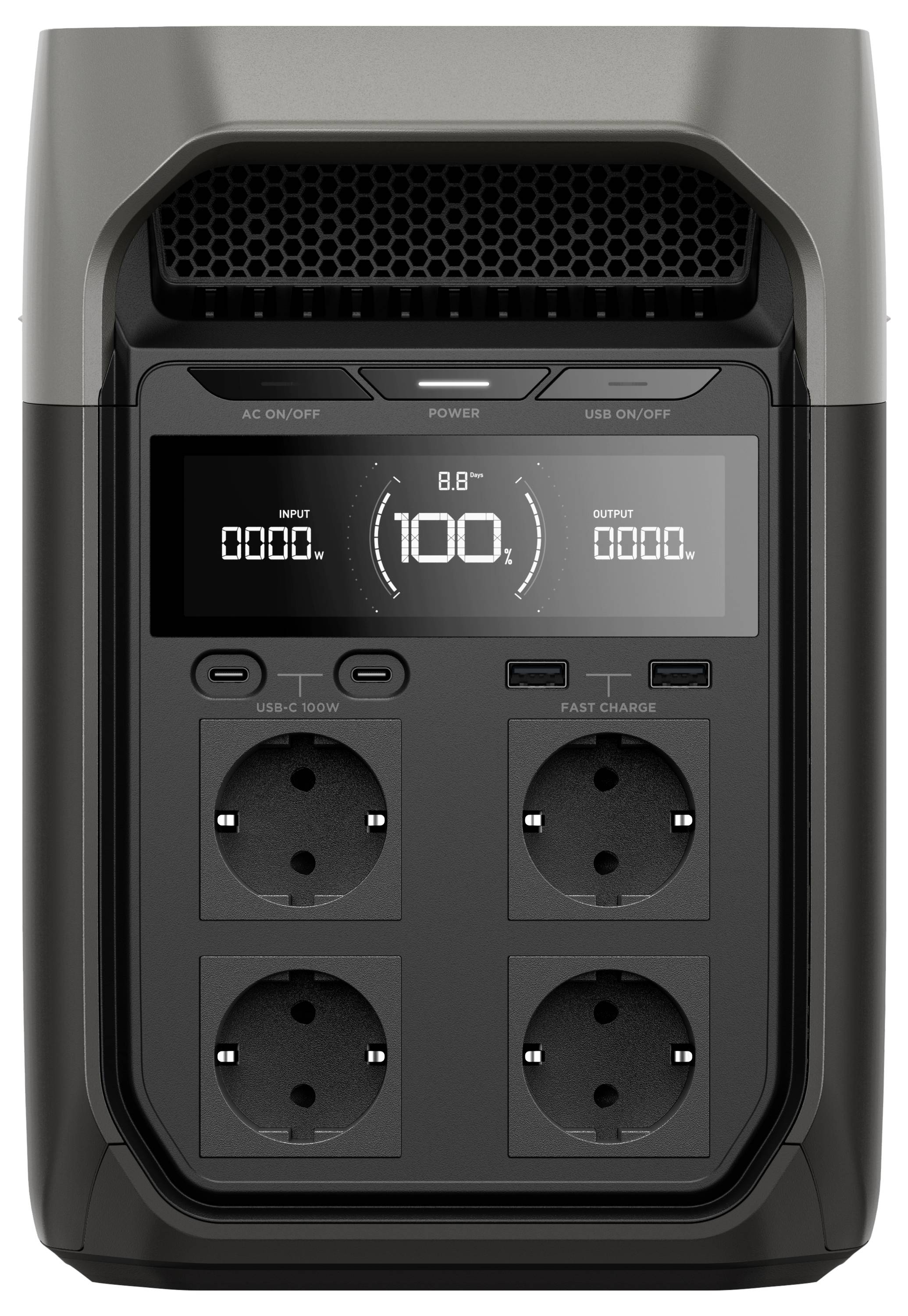 Una stazione di alimentazione portatile con quattro prese elettriche e display digitali per la potenza di ingresso e uscita, nonché la capacità residua in percentuale.