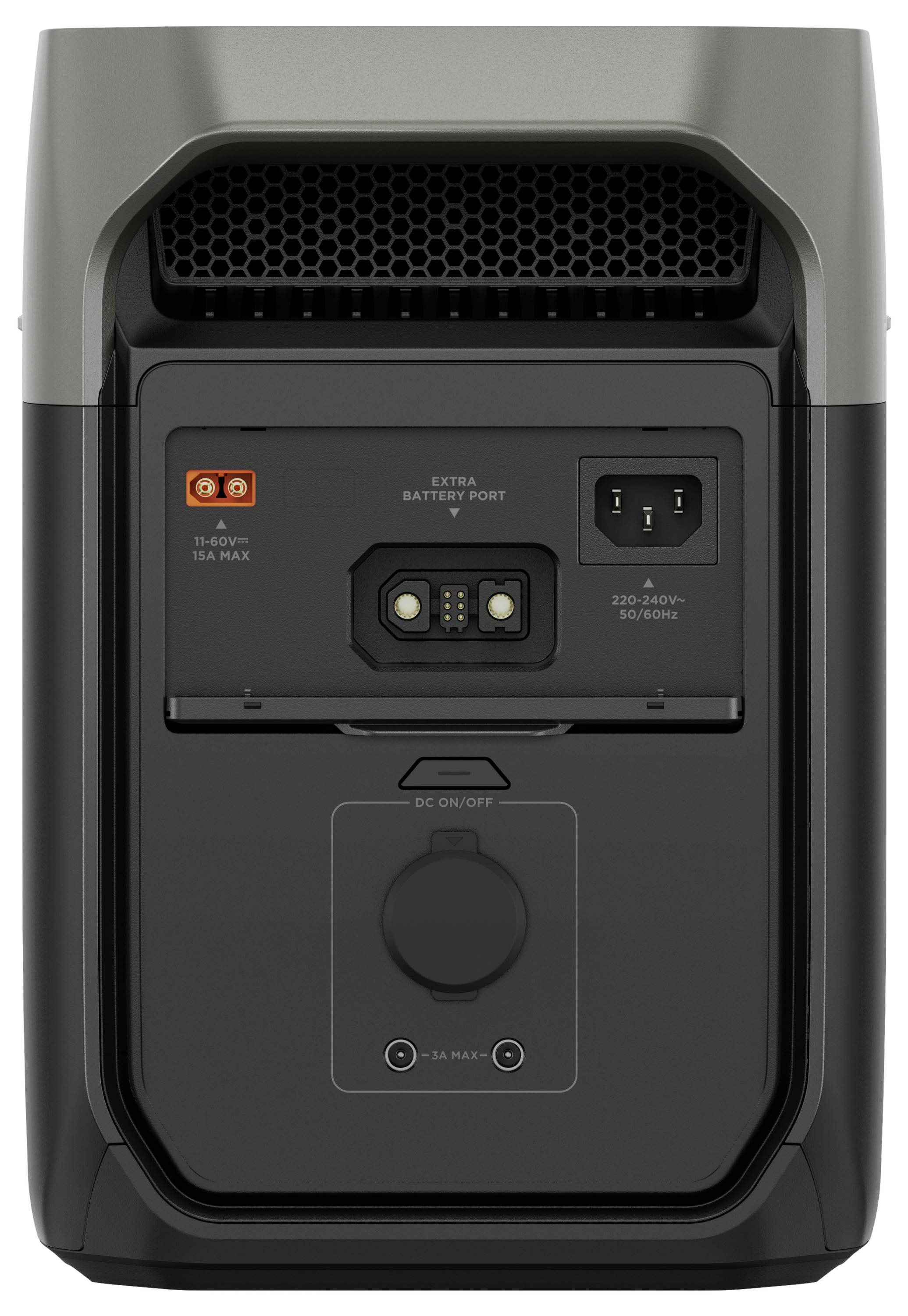 Una fonte di energia portatile con connessioni per batteria di estensione, corrente alternata e un interruttore principale, raffigurata sul retro.