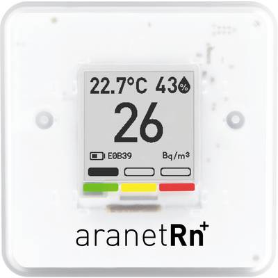 Un termoidrometro digitale indica 22,7°C e il 43% di umidità. Il display si riferisce a un dispositivo di misurazione del radon.