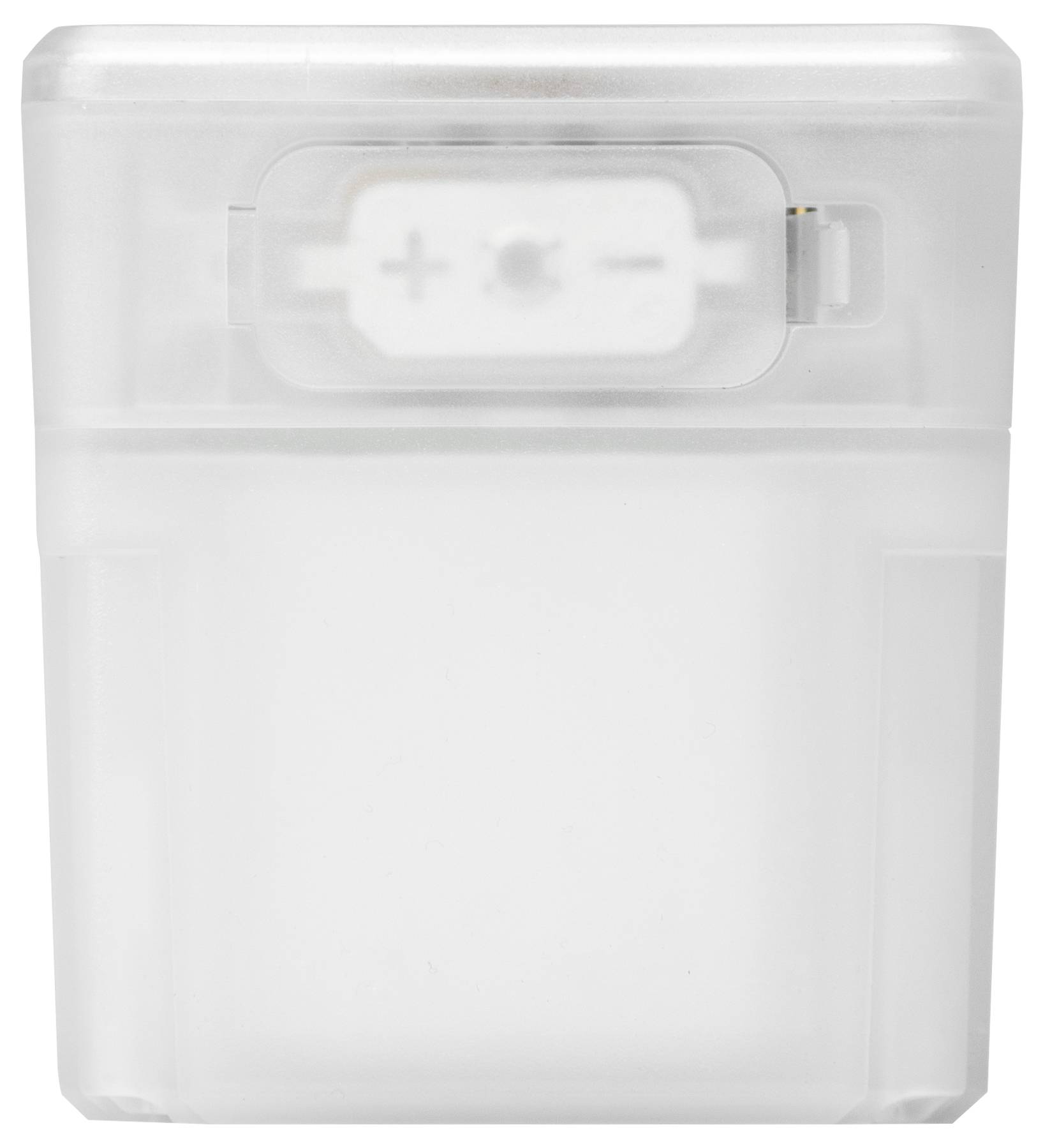 Scatola rettangolare trasparente in plastica con un piccolo coperchio bianco in alto.