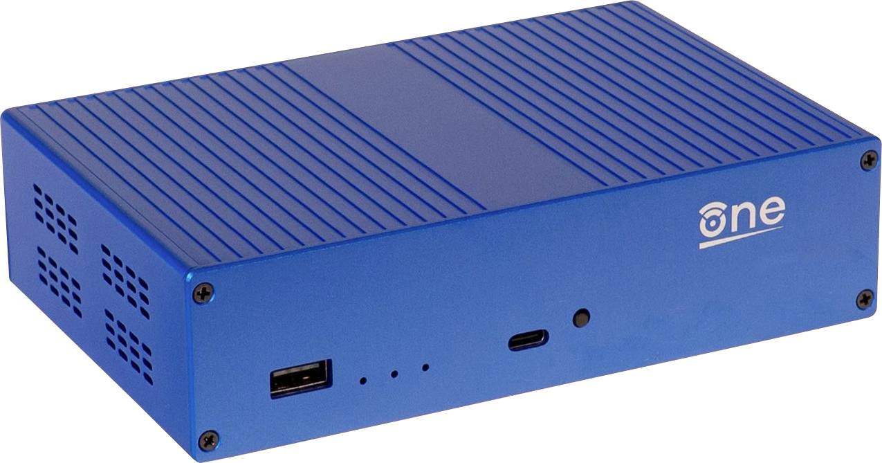 Un dispositivo elettronico blu, rettangolare, con fessure di ventilazione e diversi connettori sul lato frontale.