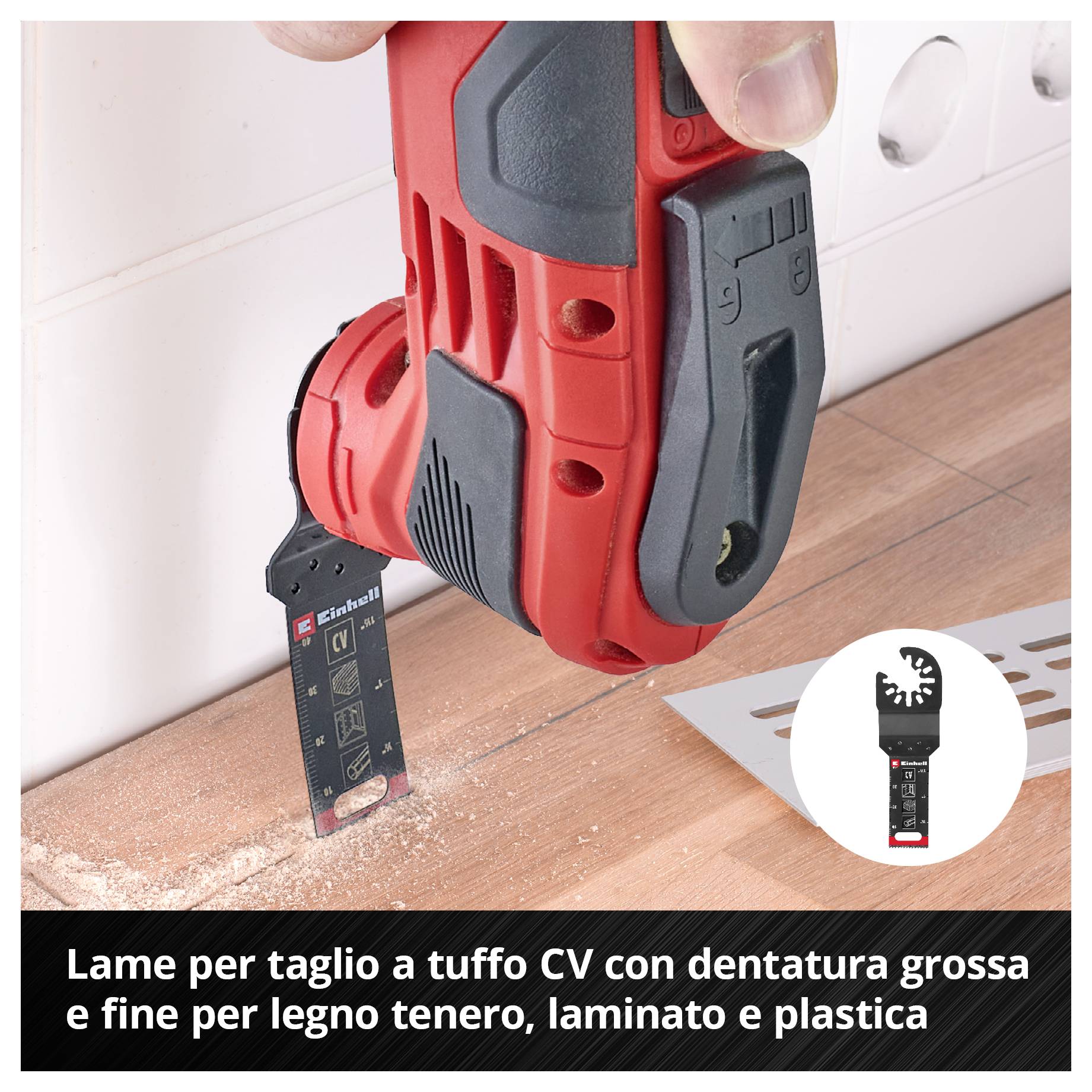 Una persona tiene una herramienta eléctrica roja con una hoja de sierra contra madera. Texto: 'Hojas de sierra sumergibles CV para madera blanda, laminado y plástico'.