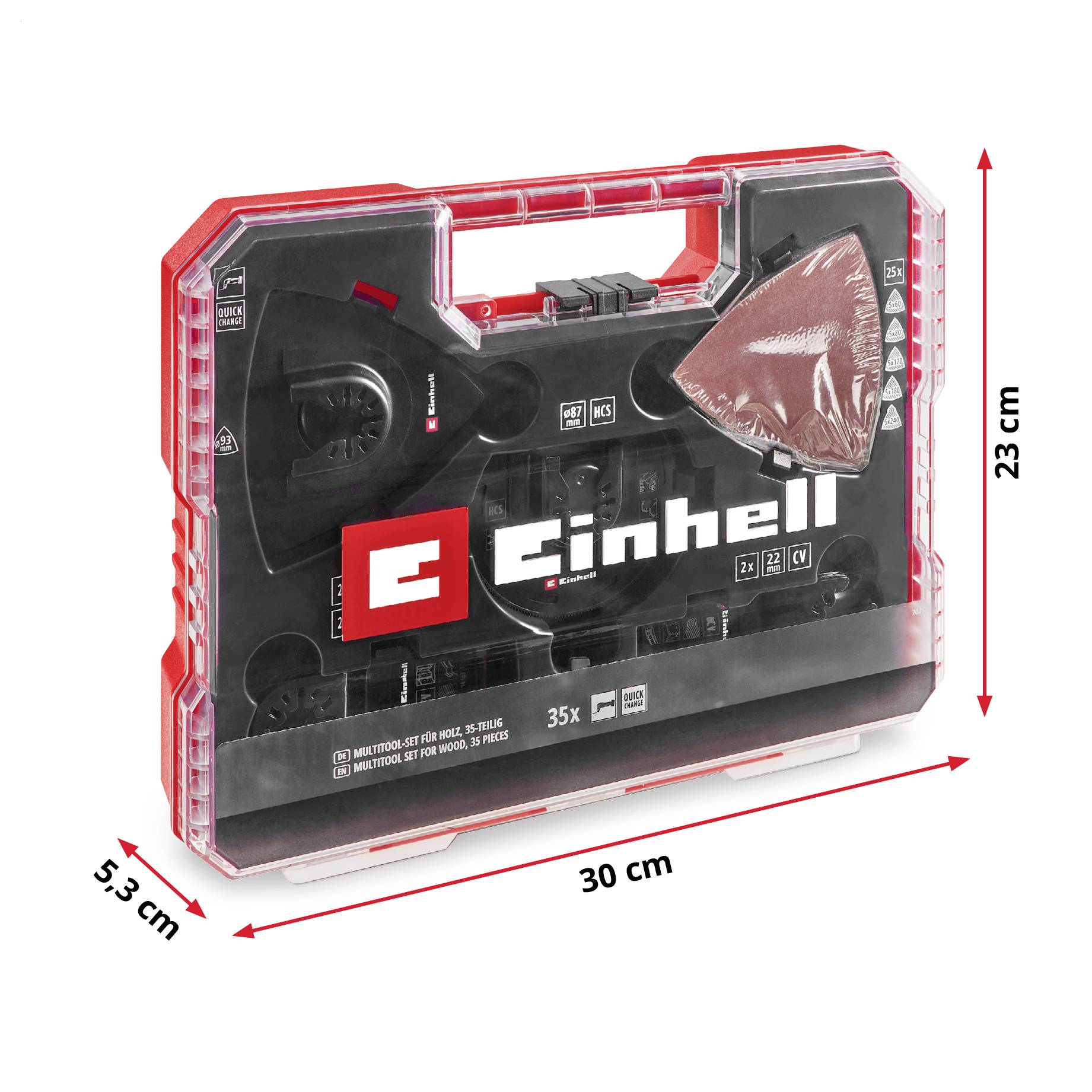Cassetta degli attrezzi 'Einhell' con 35 pezzi di accessori, dimensioni: 30 cm x 23 cm x 5,3 cm. Contiene dischi abrasivi e altri accessori per attrezzi.