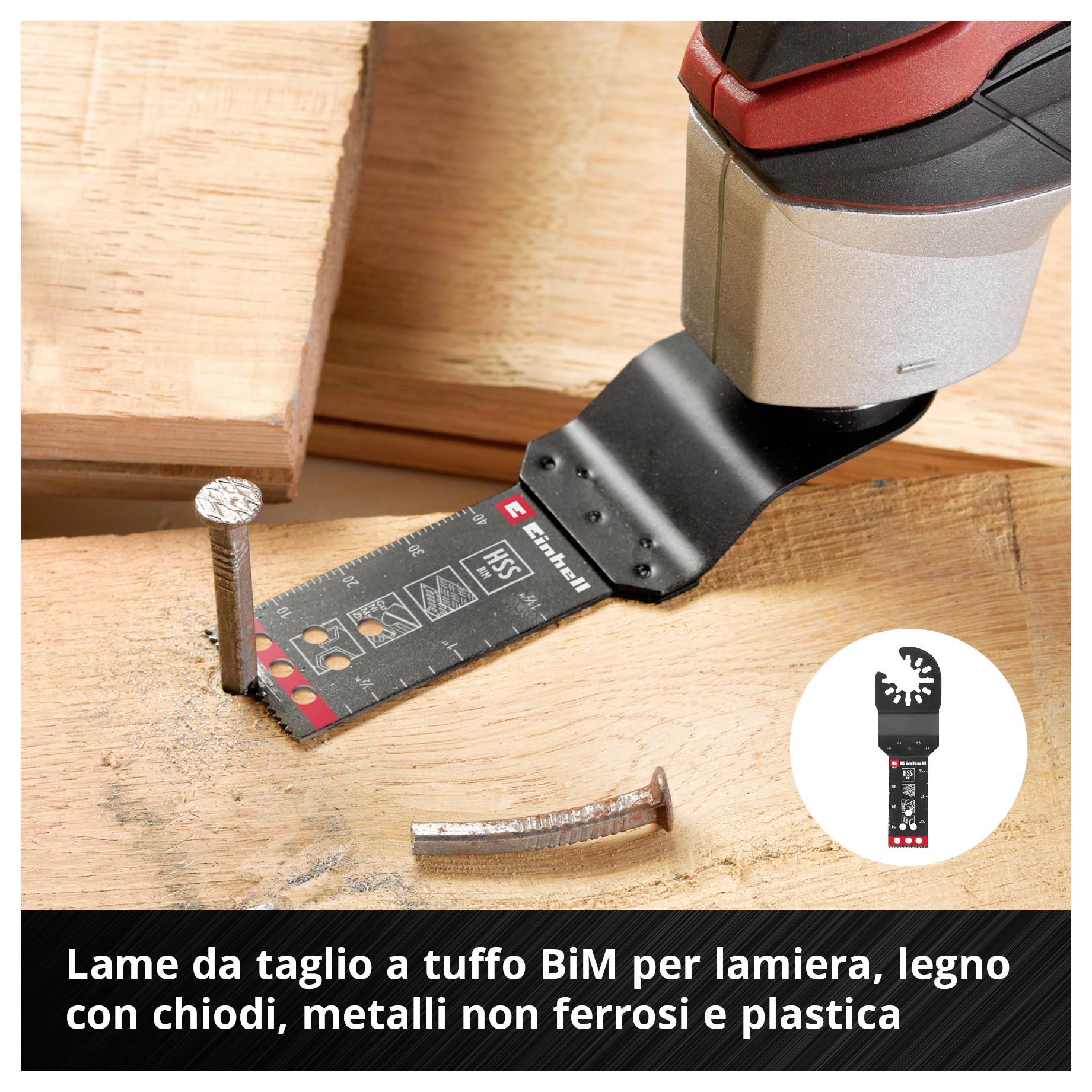 Sega immersione taglia legno con chiodi. Suggerimento: 'Lame per sega immersione BiM con denti HSS per lamiere, legno, metalli non ferrosi e plastica'.