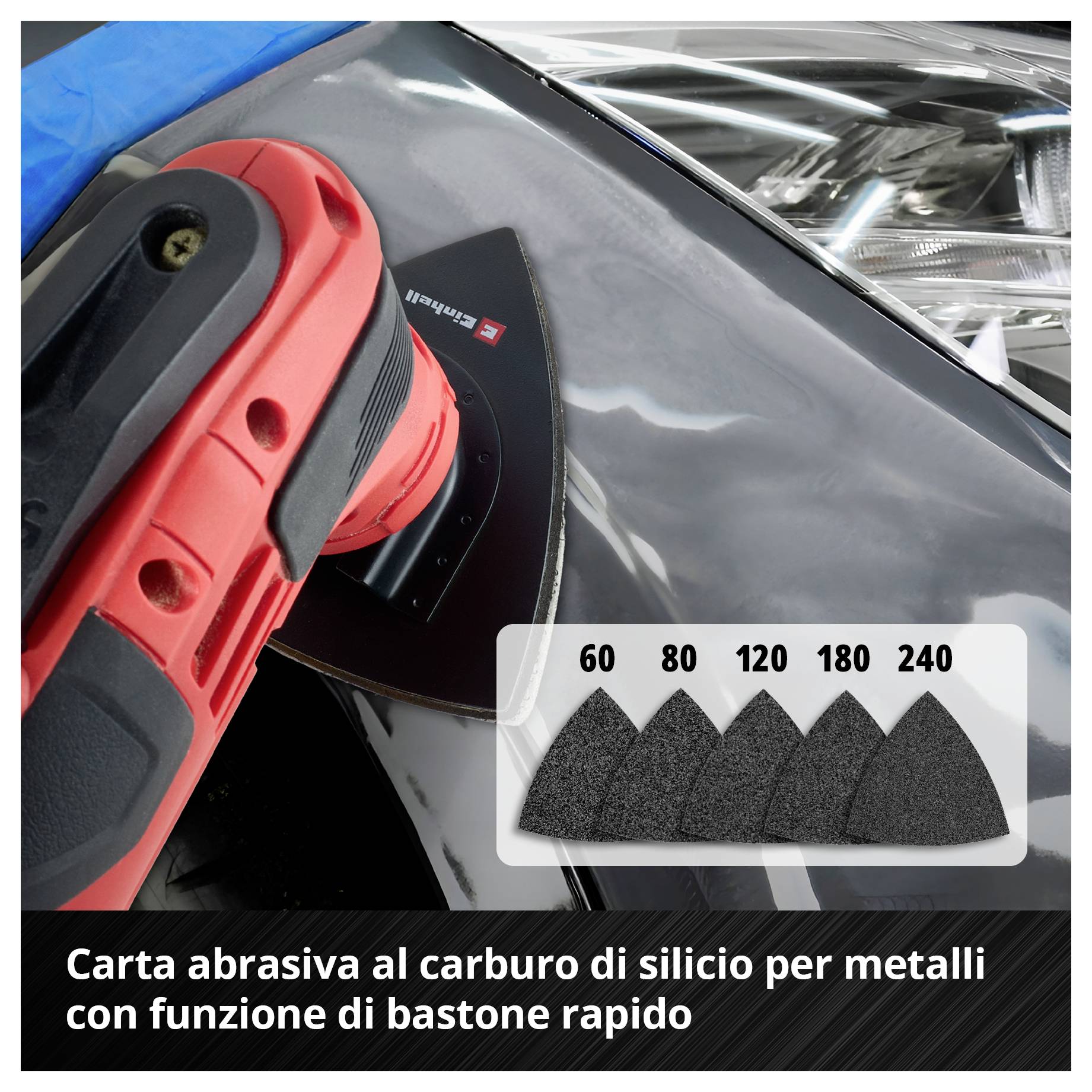 Smerigliatrice con carta abrasiva in carburo di silicio per metallo, funzione Quick-Stick per sgrossatura fino a finitura, granulometria 60-240