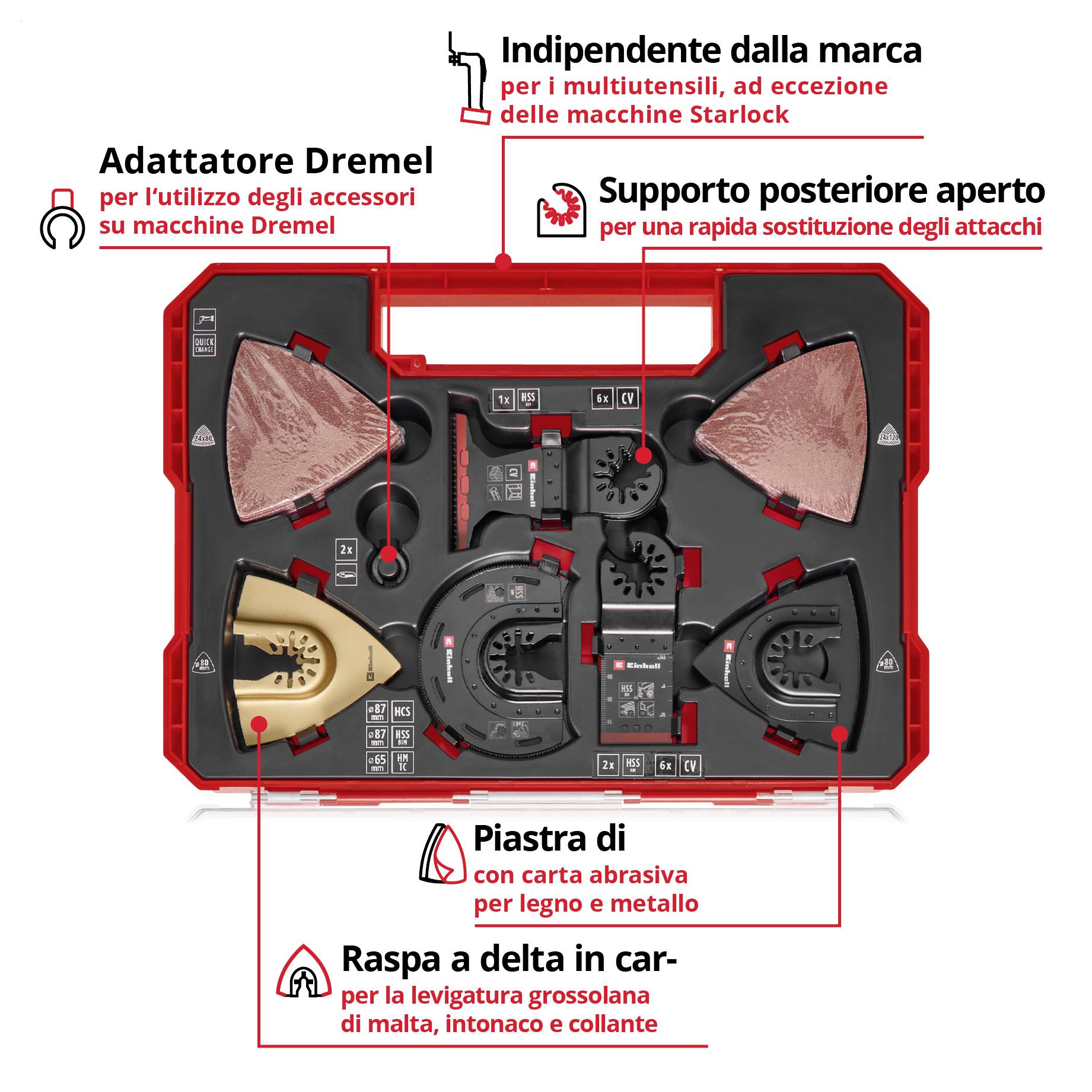 Cassetta attrezzi con vari accessori e adattatori per macchine multifunzionali. Contiene adattatori Dremel, piatti abrasivi e lime.
