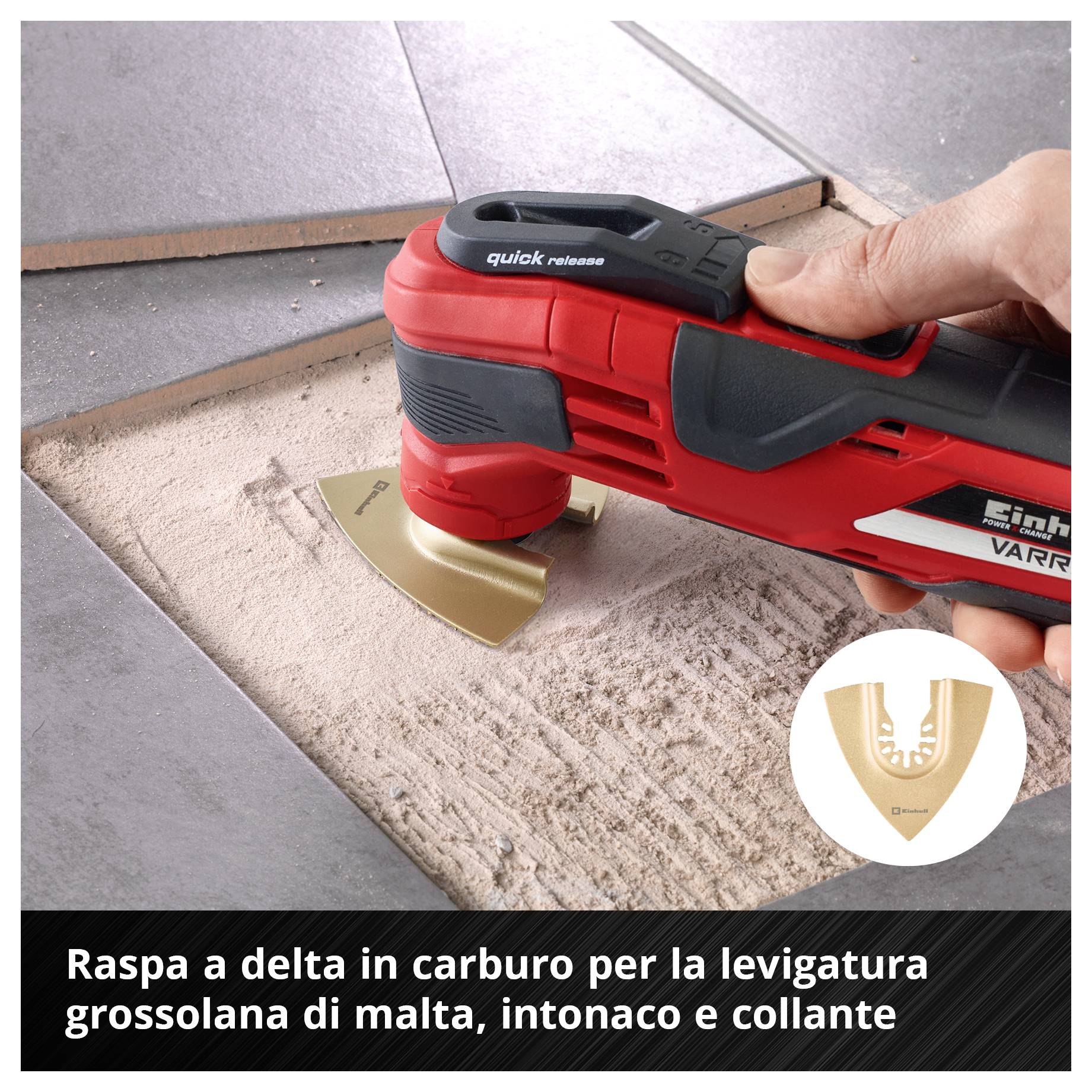 'Utensile manuale con manico rosso leviga piastrella grigia. Testo: Raspa HM-Delta per la sgrossatura di malta, intonaco, colla per piastrelle e residui di moquette.'
