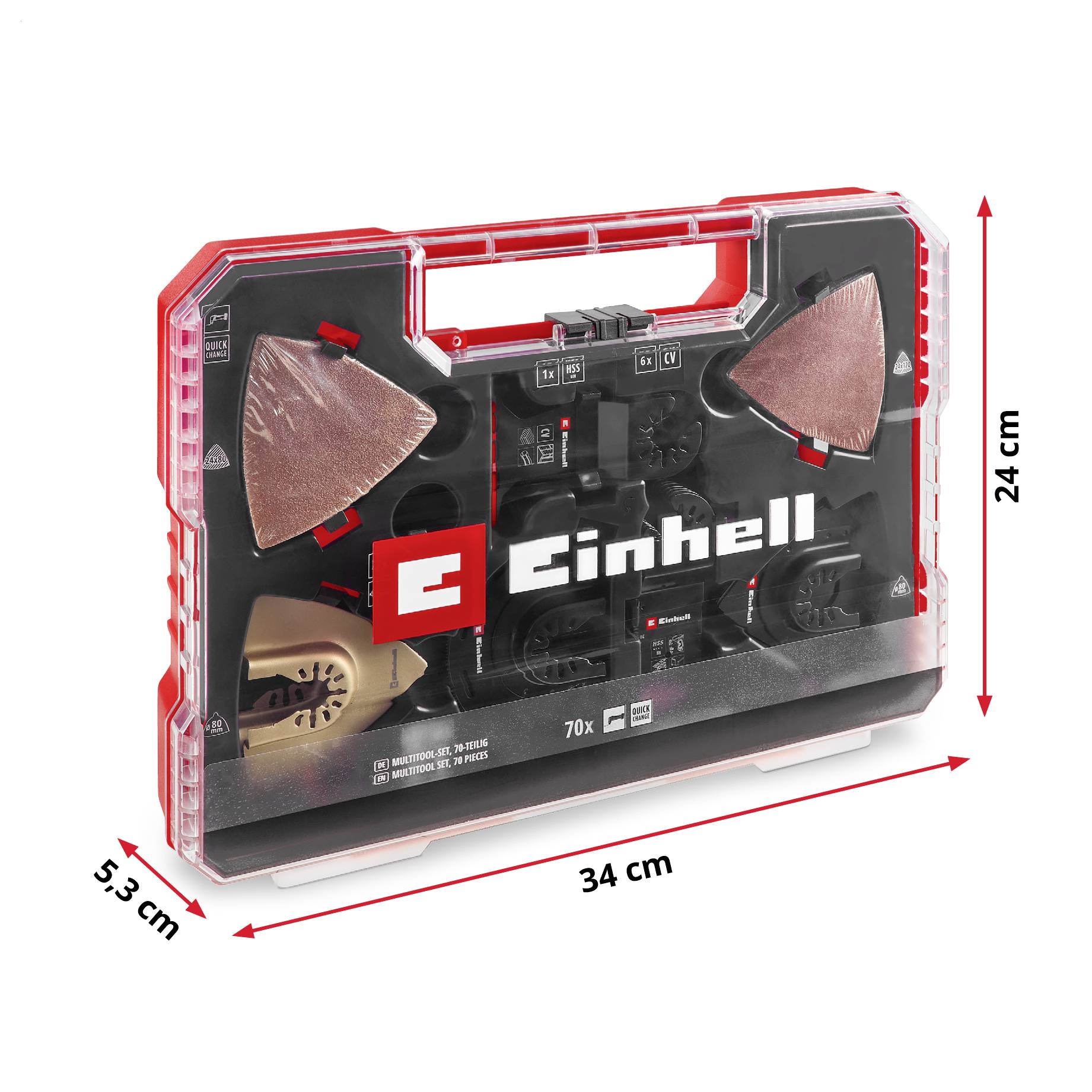Una cassetta attrezzi Einhell con vari accessori e carte vetrate, dimensioni: 34 cm x 24 cm x 5,3 cm.