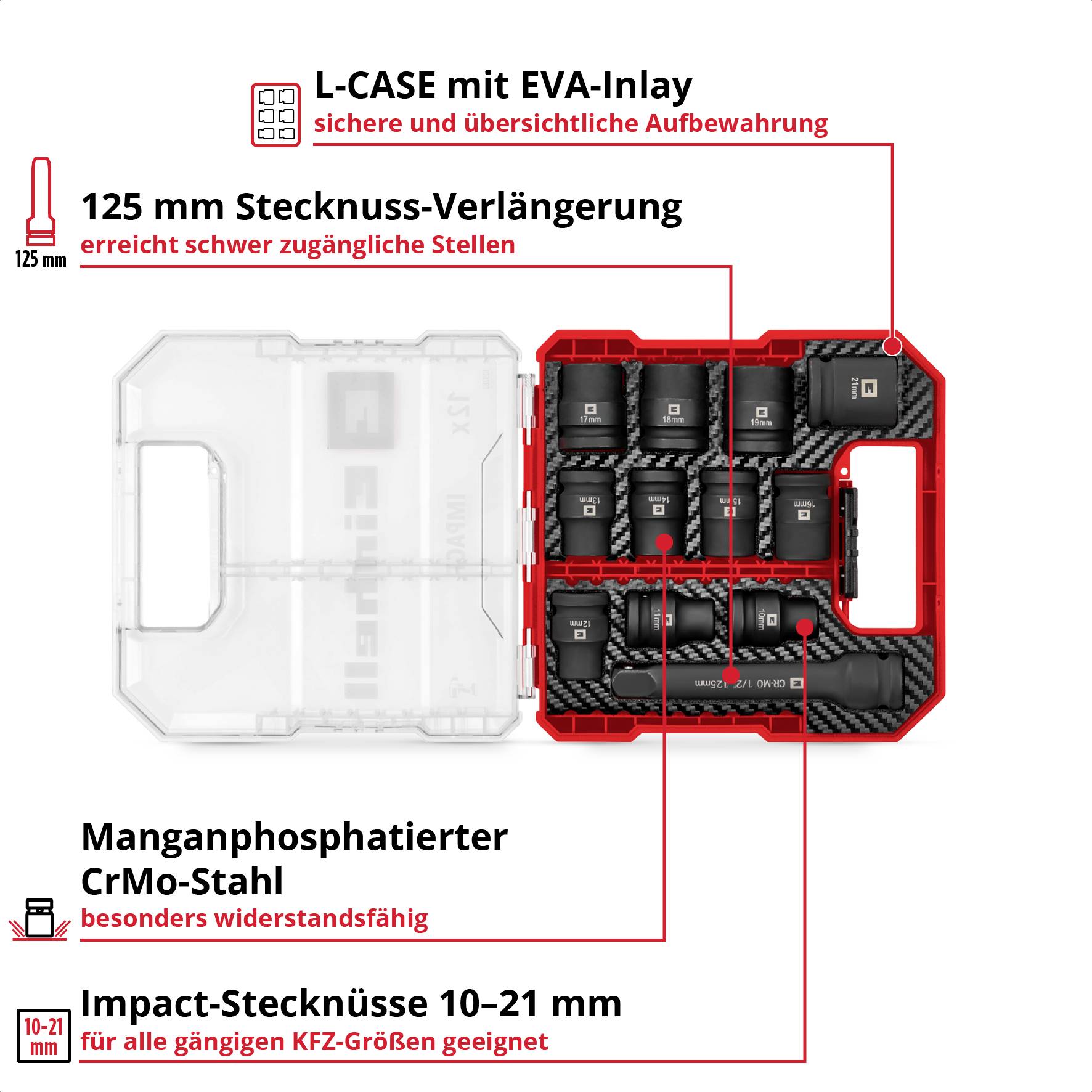 'Contenuto di un caso L-CASE: Acciaio CrMo fosfatato al manganese, bussole da 10-21 mm. Stoccato in modo sicuro e ordinato con inserto in EVA.'