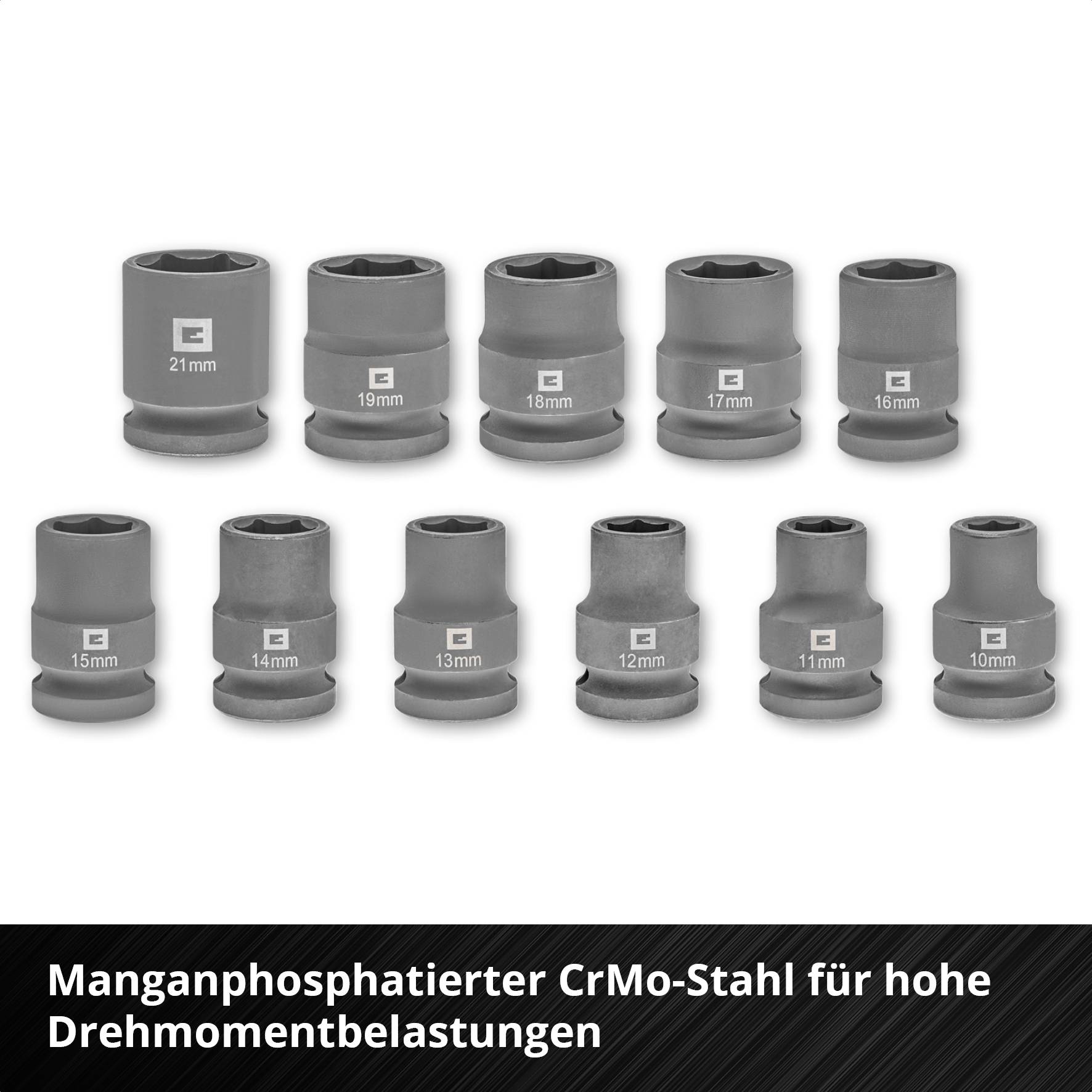'Serie di inserti per chiavi metriche, contrassegnati per dimensioni da 8 mm a 21 mm. Adatti per carichi di coppia elevati.'