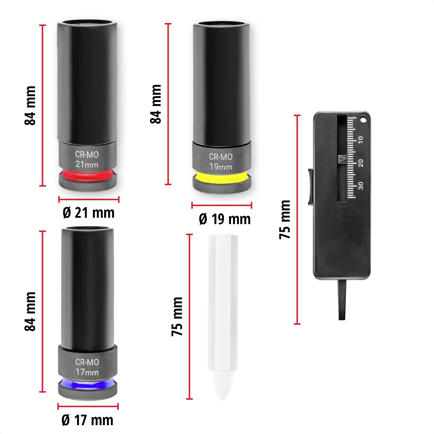 Quattro inserti per chiavi a bussola con dimensioni: 21 mm, 19 mm, 17 mm. Una leva in plastica è alta 75 mm. Tutti gli inserti sono lunghi 84 mm.