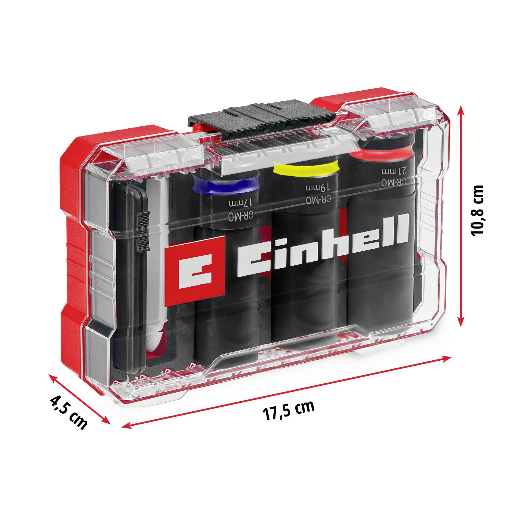 Un contenitore di plastica con quattro batterie, etichettato 'Einhell'. Le dimensioni sono: 17,5 cm di larghezza, 10,8 cm di altezza, 4,5 cm di profondità.