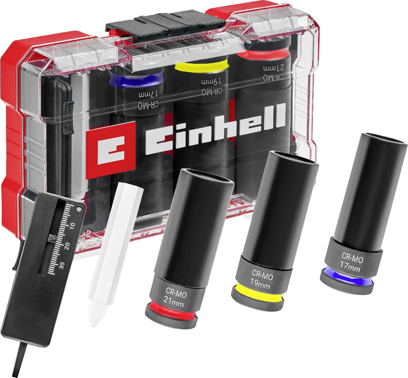Set di chiavi a bussola Einhell: Quattro inserti per chiavi a bussola e accessori in una scatola trasparente. Misure: 17mm, 19mm, 21mm.