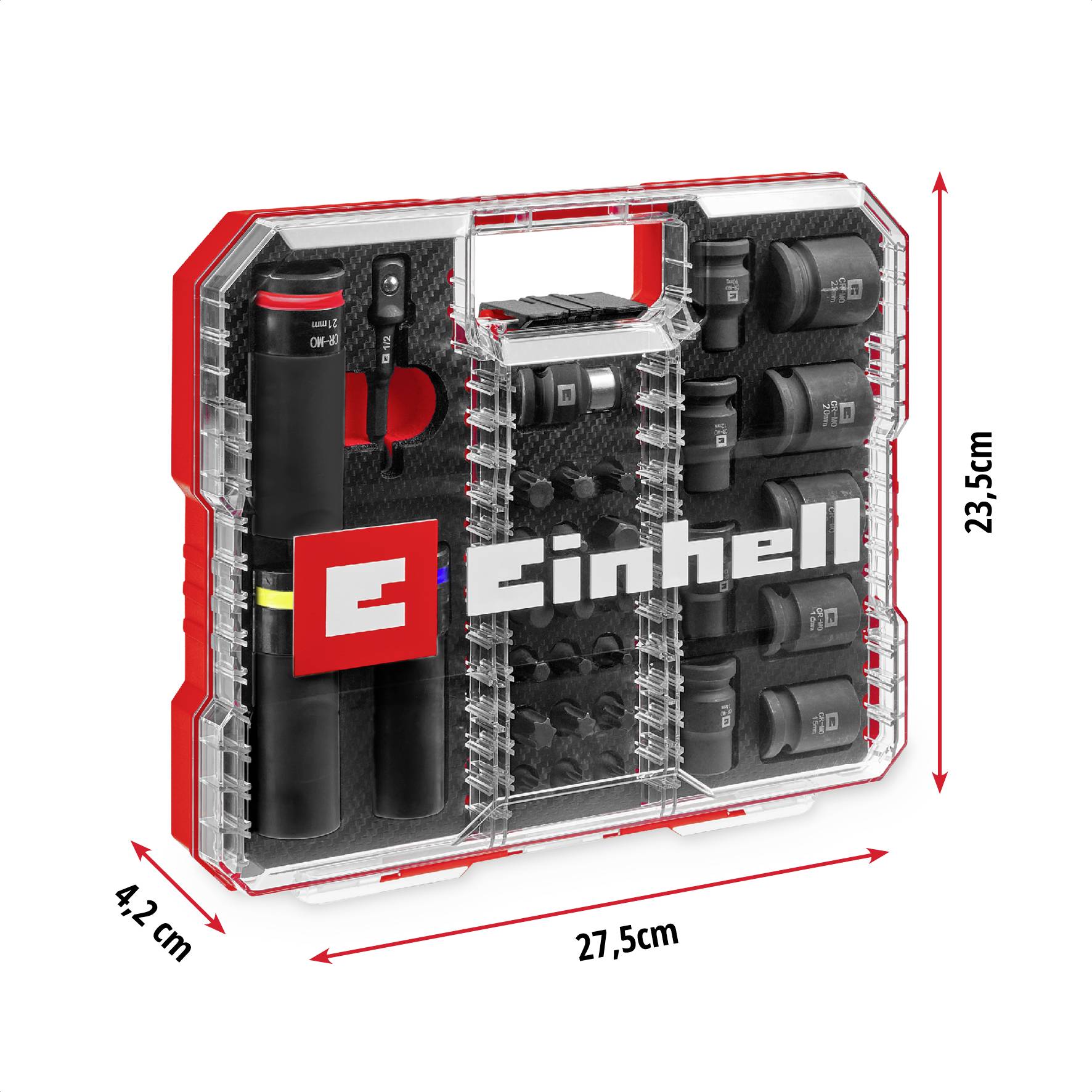 Valigetta degli attrezzi Einhell, rettangolare, trasparente, con manico rosso e nero, contiene punte e inserti. Dimensioni: 27,5 cm x 23,5 cm x 4,2 cm.