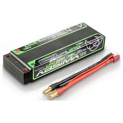 'Batteria al litio-polimero nera con etichettatura verde. Due cavi di collegamento sporgenti con connettori dorati e attacco rosso/bianco.'