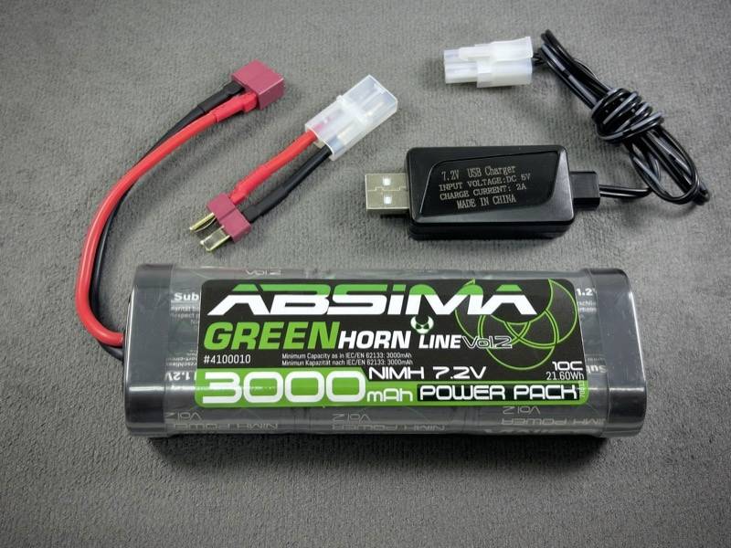 'Pacco batteria 3000 mAh 7,2V di Absima con caricabatterie e cavi di collegamento su sfondo grigio.'