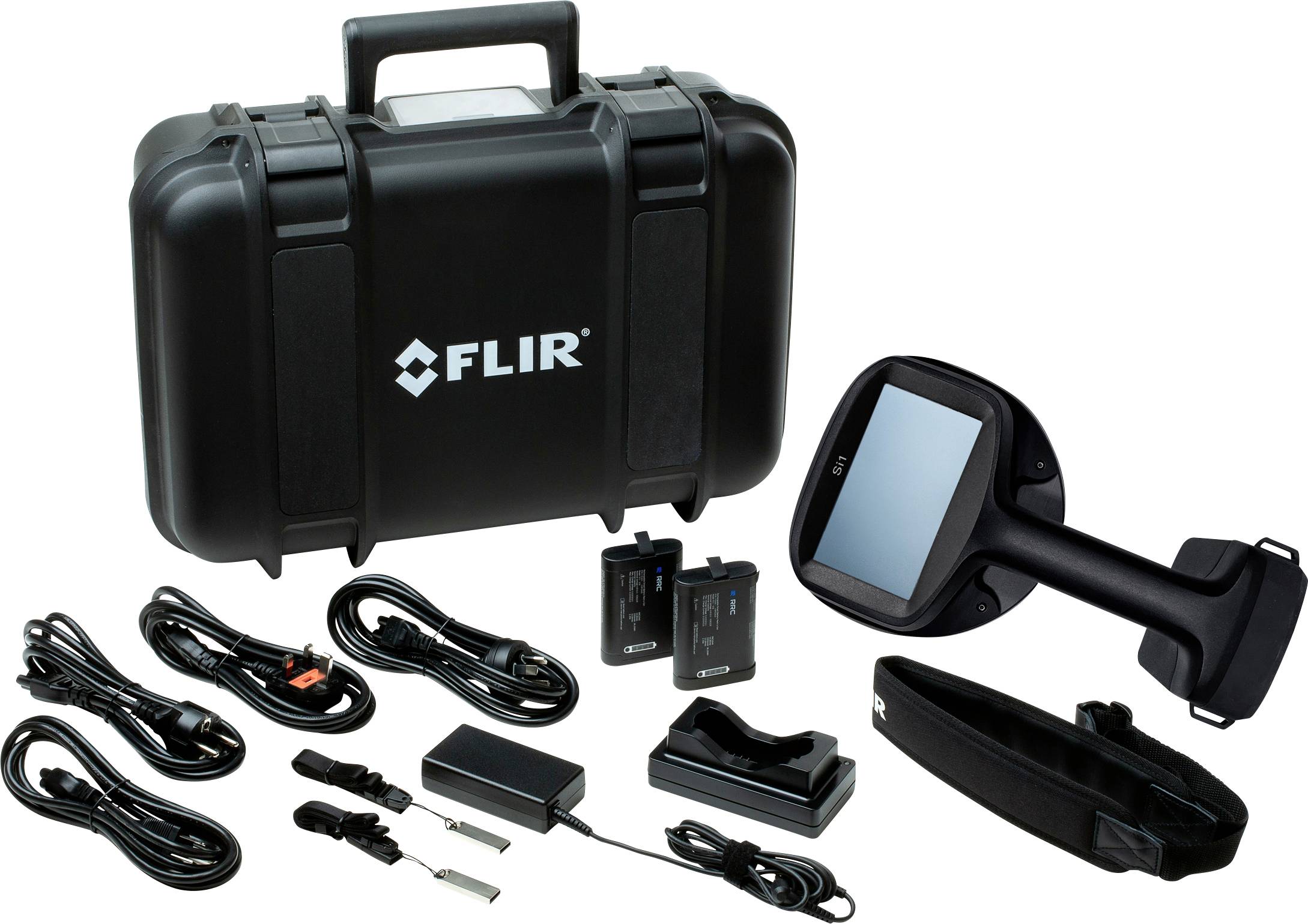 Kit della termocamera con custodia rigida, fotocamera, batterie, caricabatterie e cavi.
