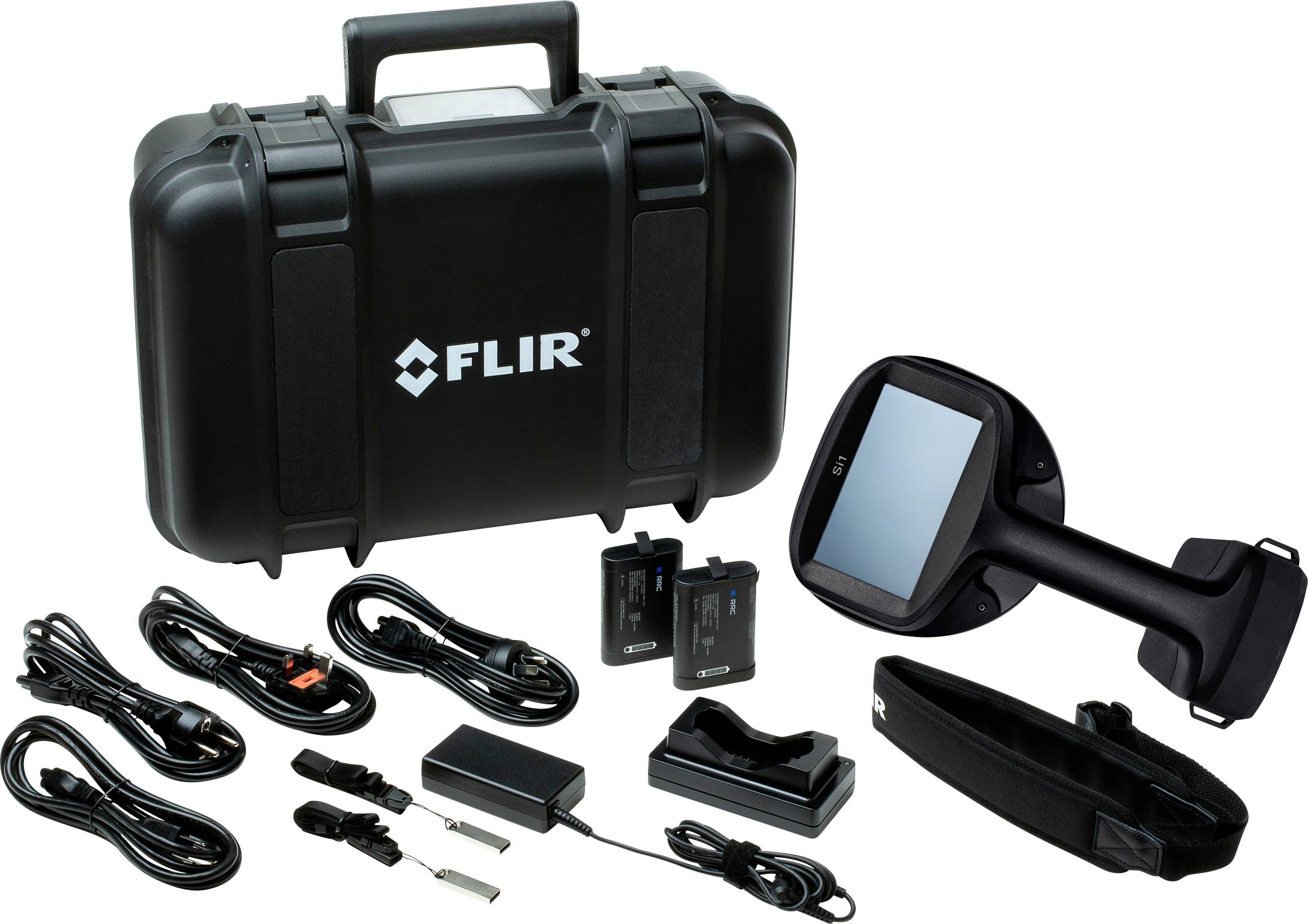 Set di telecamera termografica composto da fotocamera, custodia, due batterie, caricabatterie, cavo e tracolla, ideale per riprese termografiche.