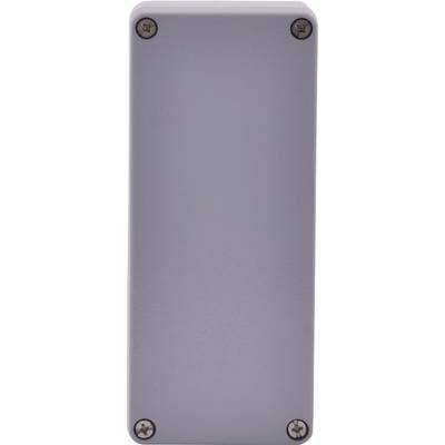 Un involucro metallico grigio rettangolare con angoli arrotondati e quattro viti visibili agli angoli del lato anteriore.